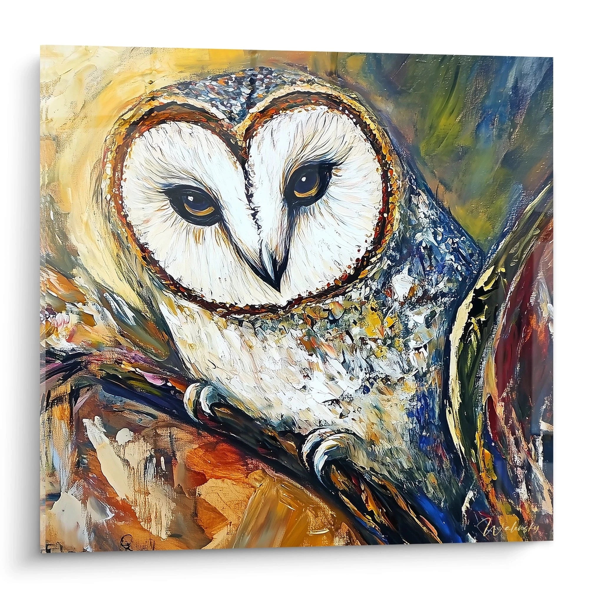 Tableau chouette coloré de Walensky avec des détails réalistes et un fond artistique vibrant