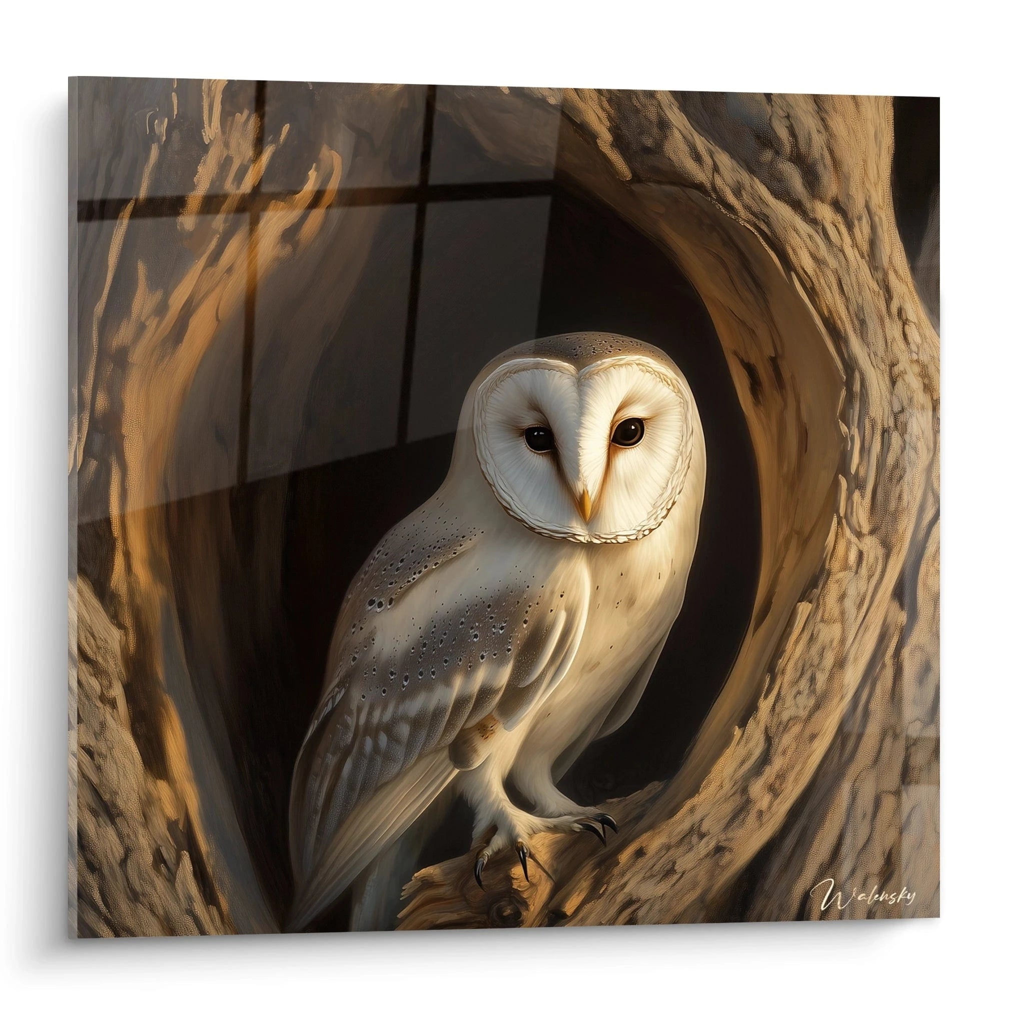 Tableau chouette de Walensky, illustration d'une chouette blanche perchée dans un arbre en bois