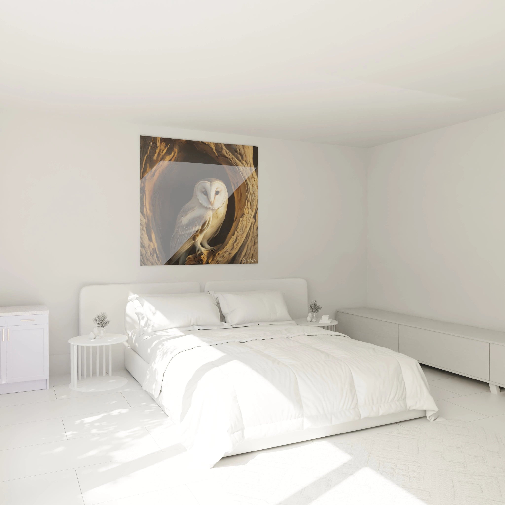 Tableau de chouette Walensky dans une chambre lumineuse avec un lit blanc