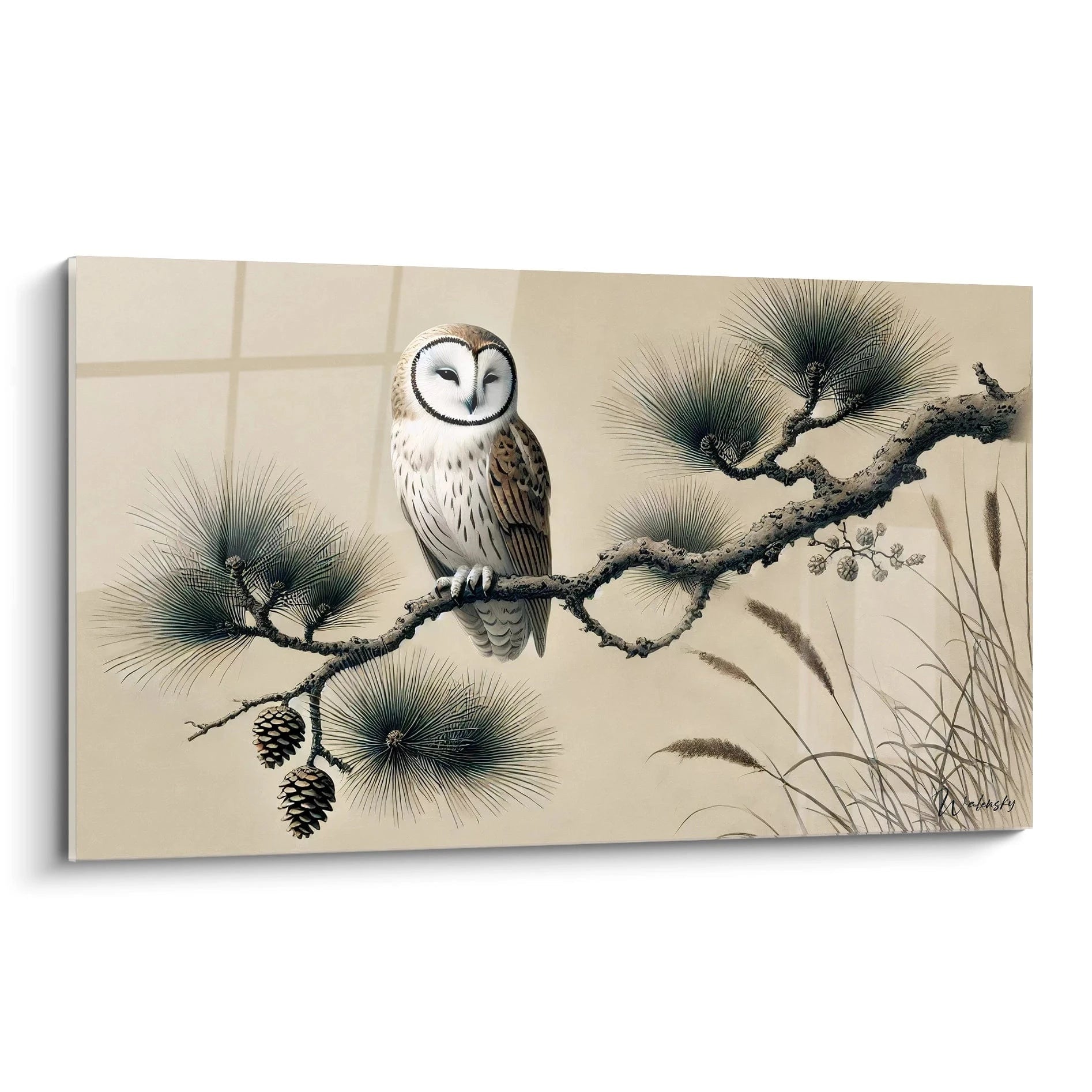 Vue de biais du tableau japonais mettant en scene une chouette sur un pin Capturant l harmonie entre nature et faune il evoque une serenite unique dans des tons beiges et verts naturels