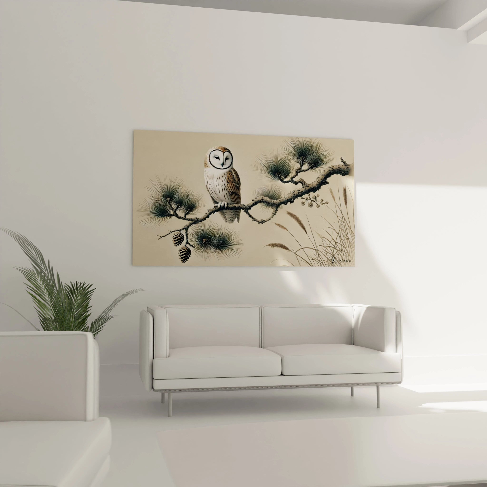 Ce tableau japonais au dessus du canapé apporte une ambiance zen au salon Representation d une chouette sur un pin qui invite a la contemplation dans des tons doux naturels