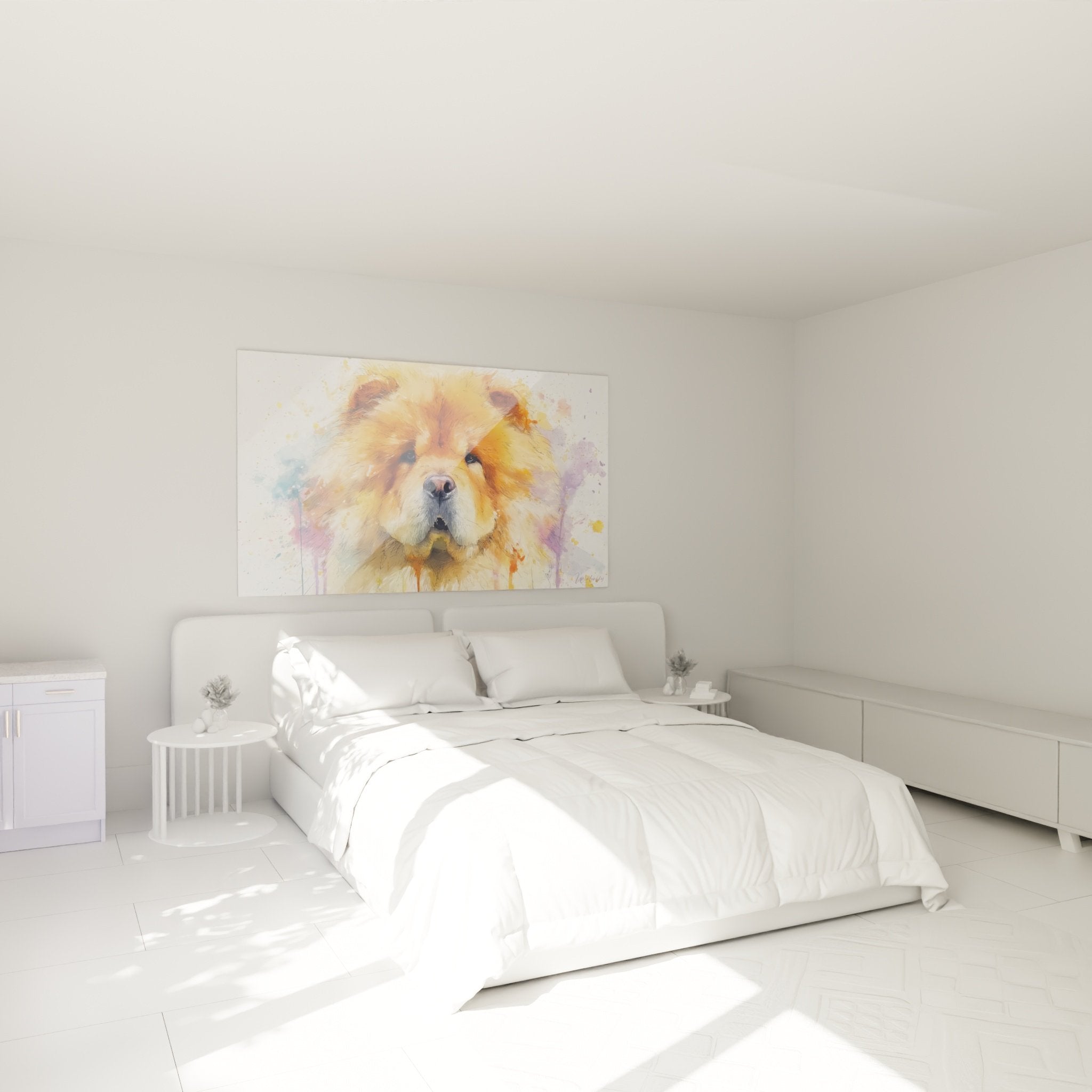 Porträt-Gemälde Golden Chow Chow in modernem Schlafzimmer mit warmen Farbtönen