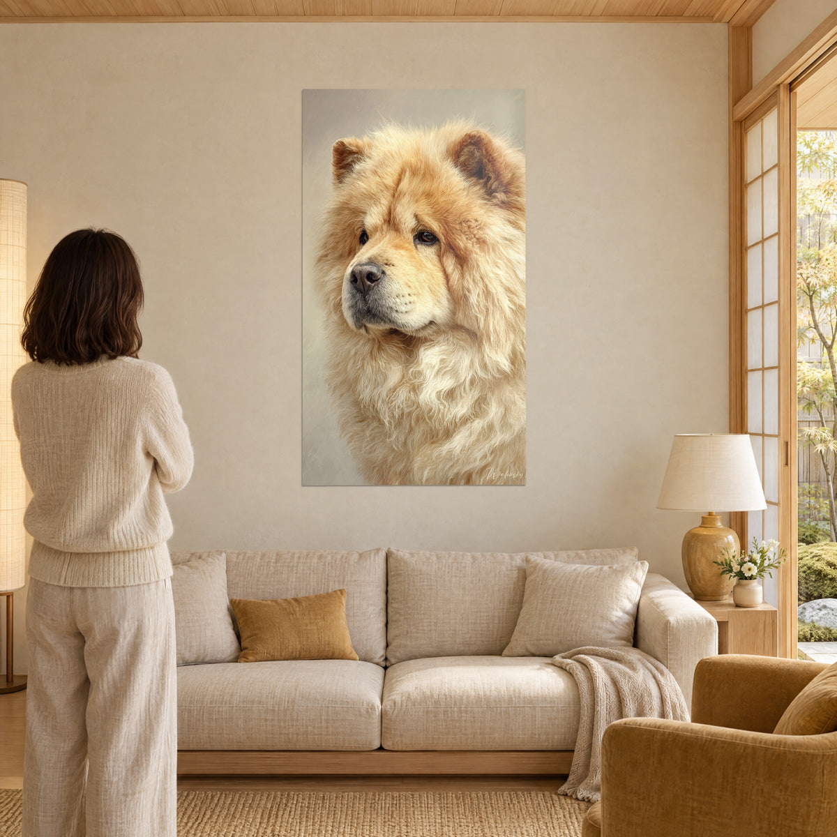 Cuadro de chow-chow color crema con pelaje ámbar y mirada melancólica, una mujer de espaldas lo admira sobre un sofá en un salón luminoso