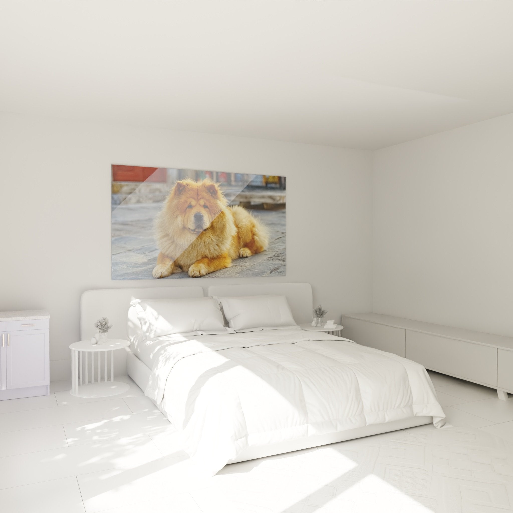 Tableau Chow Chow tons dorés dans chambre moderne, ambiance cocooning et apaisante