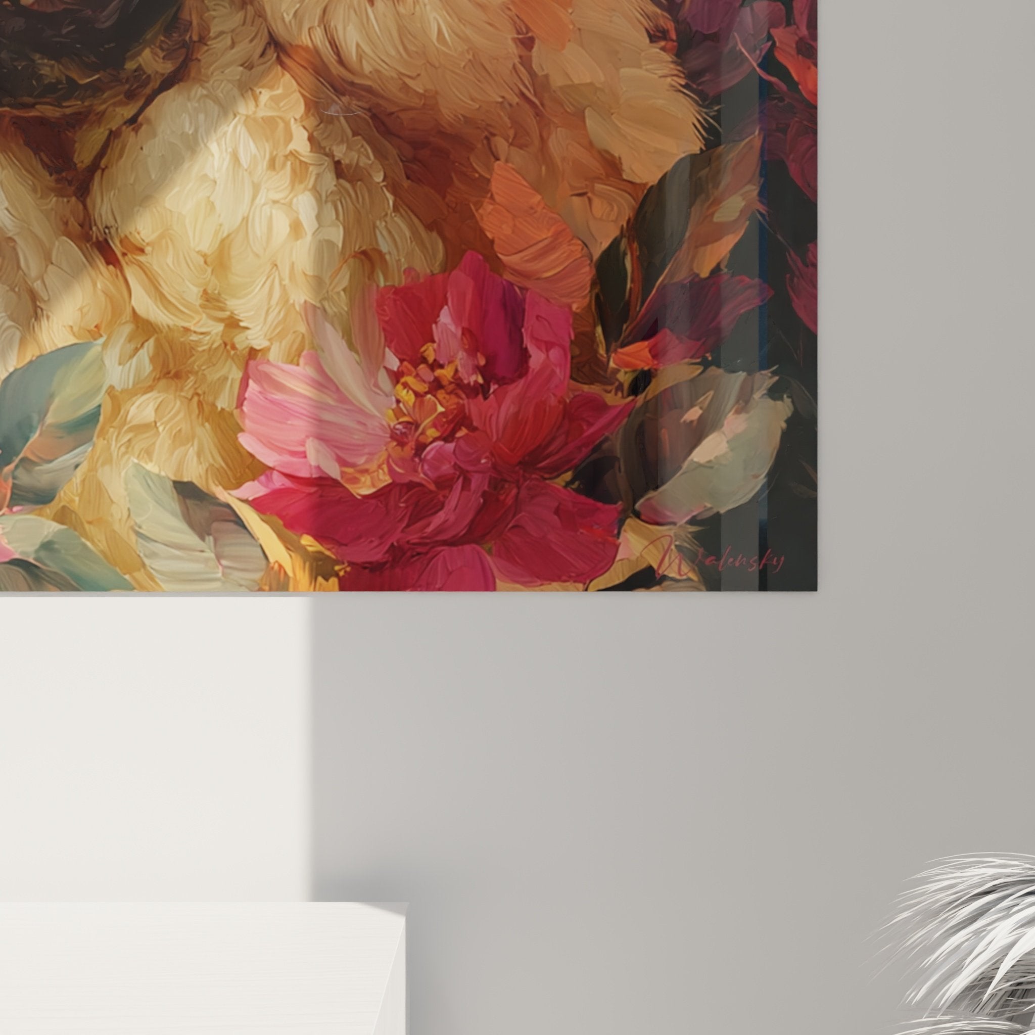 Vue d'ensemble du tableau Chow Chow fleuri dans un intérieur moderne aux couleurs harmonieuses