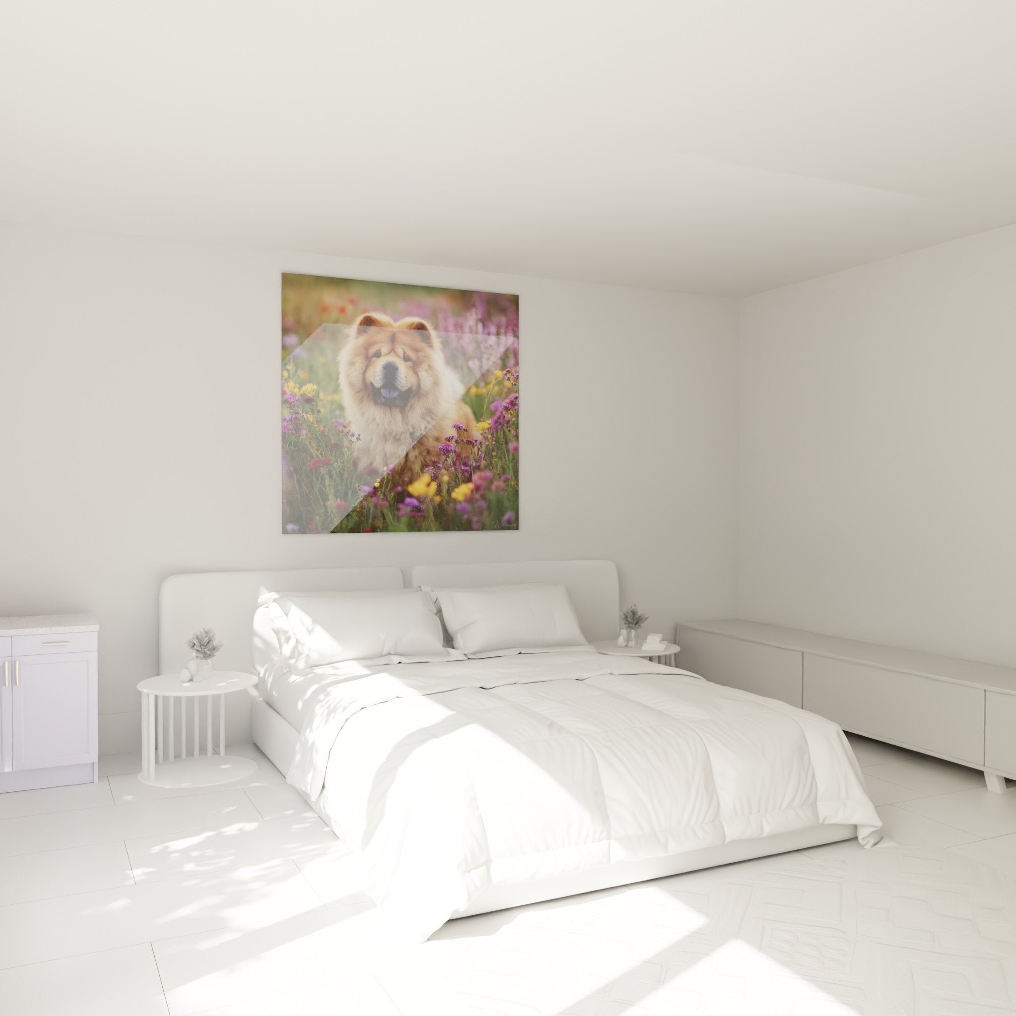 Tableau Chow Chow fleurs colorées accroché au-dessus lit chambre décoration murale apaisante tons pastel