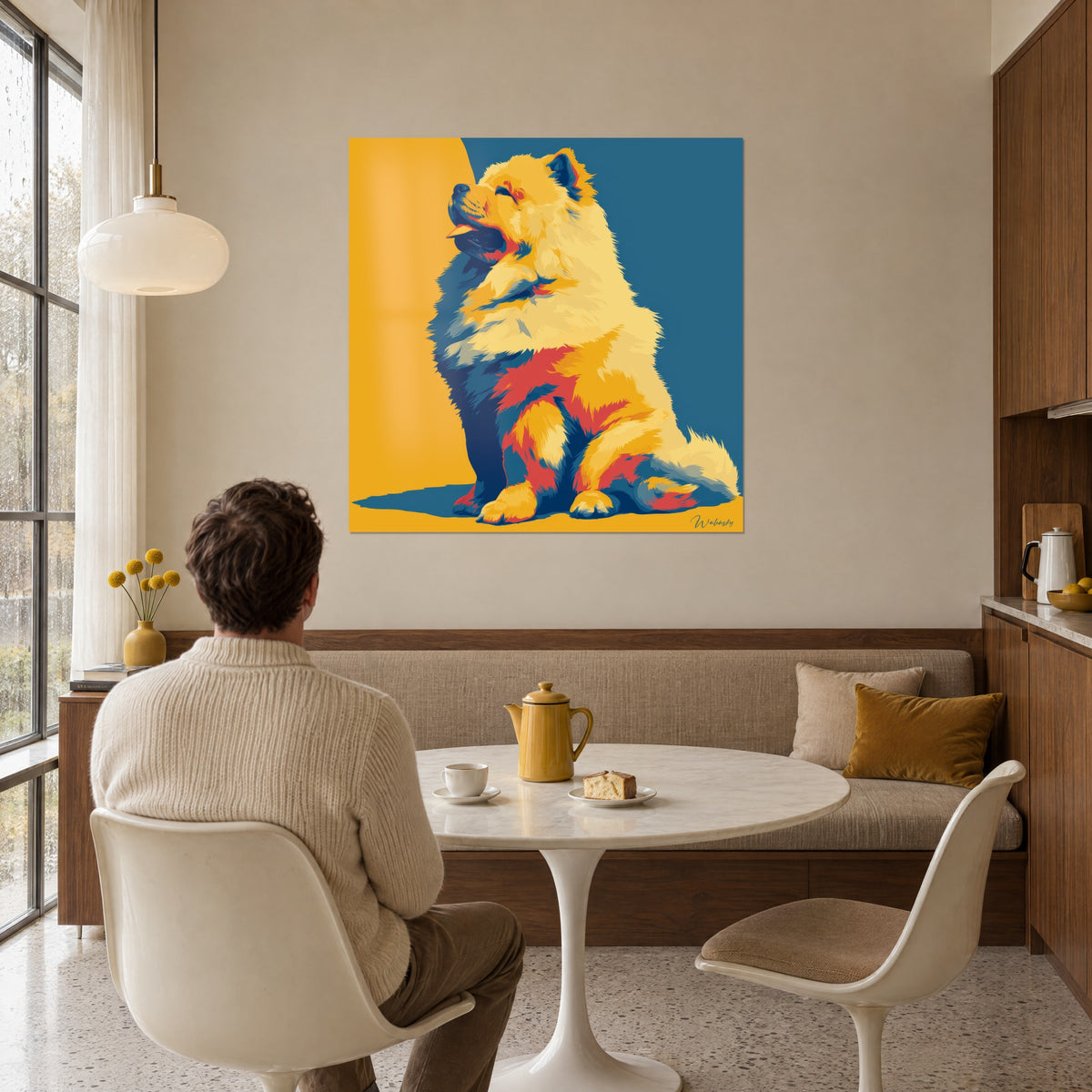 Πίνακας πορτρέτο Chow chow με ροζ γλώσσα έξω, φόντο σε πάπια μπλε και κίτρινο κρόκου, απέναντι από στρογγυλό λευκό τραπέζι και σερβίτσιο τσαγιού