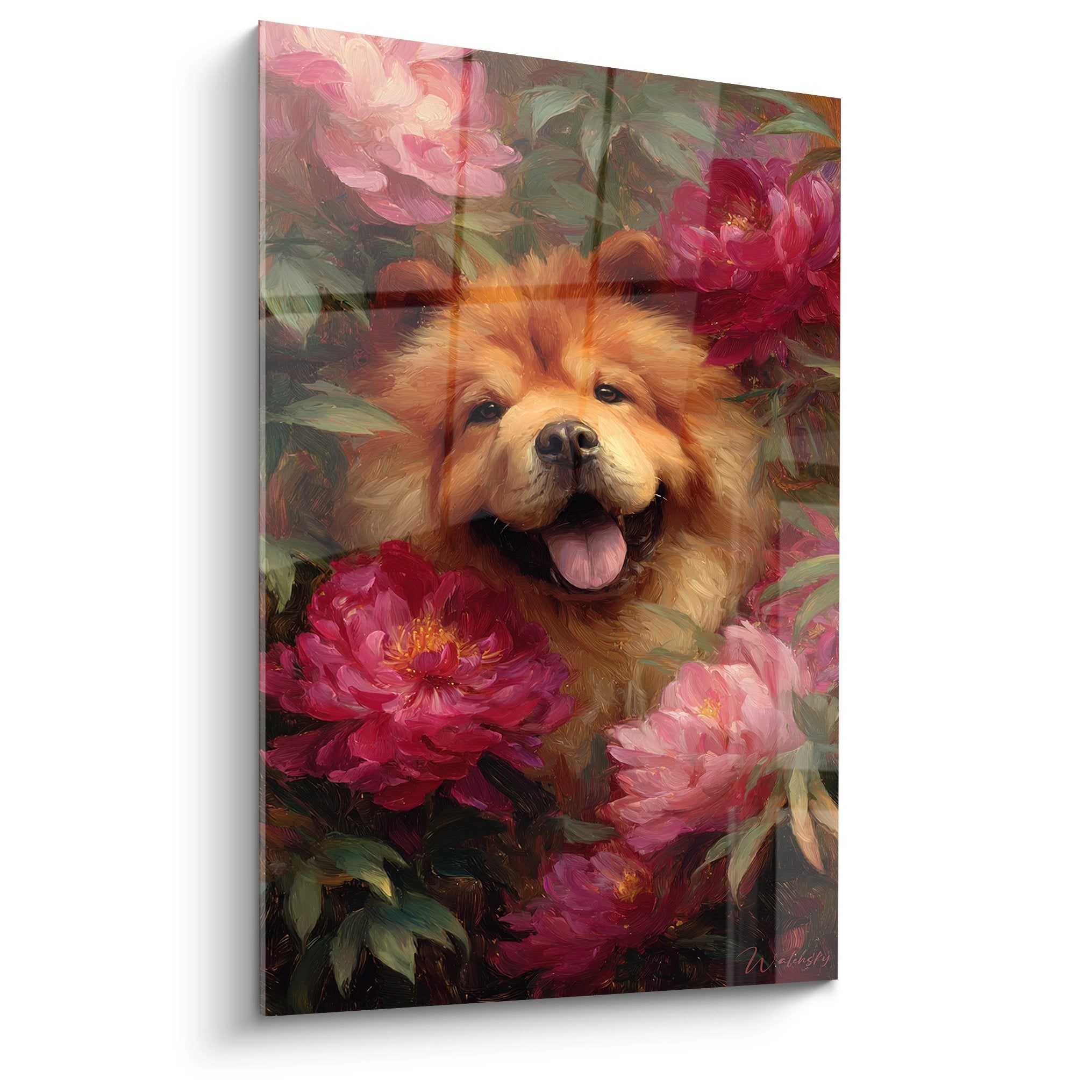 Tableau chow chow roux souriant entouré de pivoines roses et fuchsia dans un style pictural fleuri
