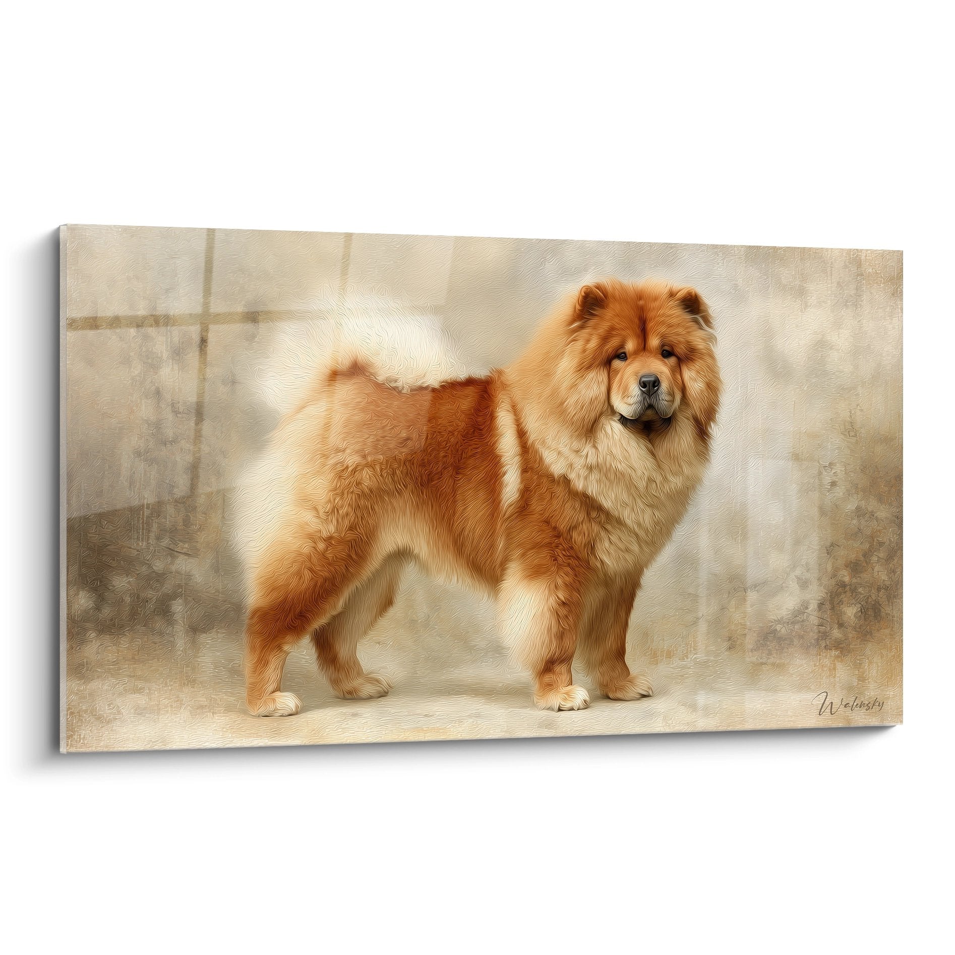 Portrait majestueux de Chow Chow roux aux poils longs sur fond beige, tableau art canin élégant