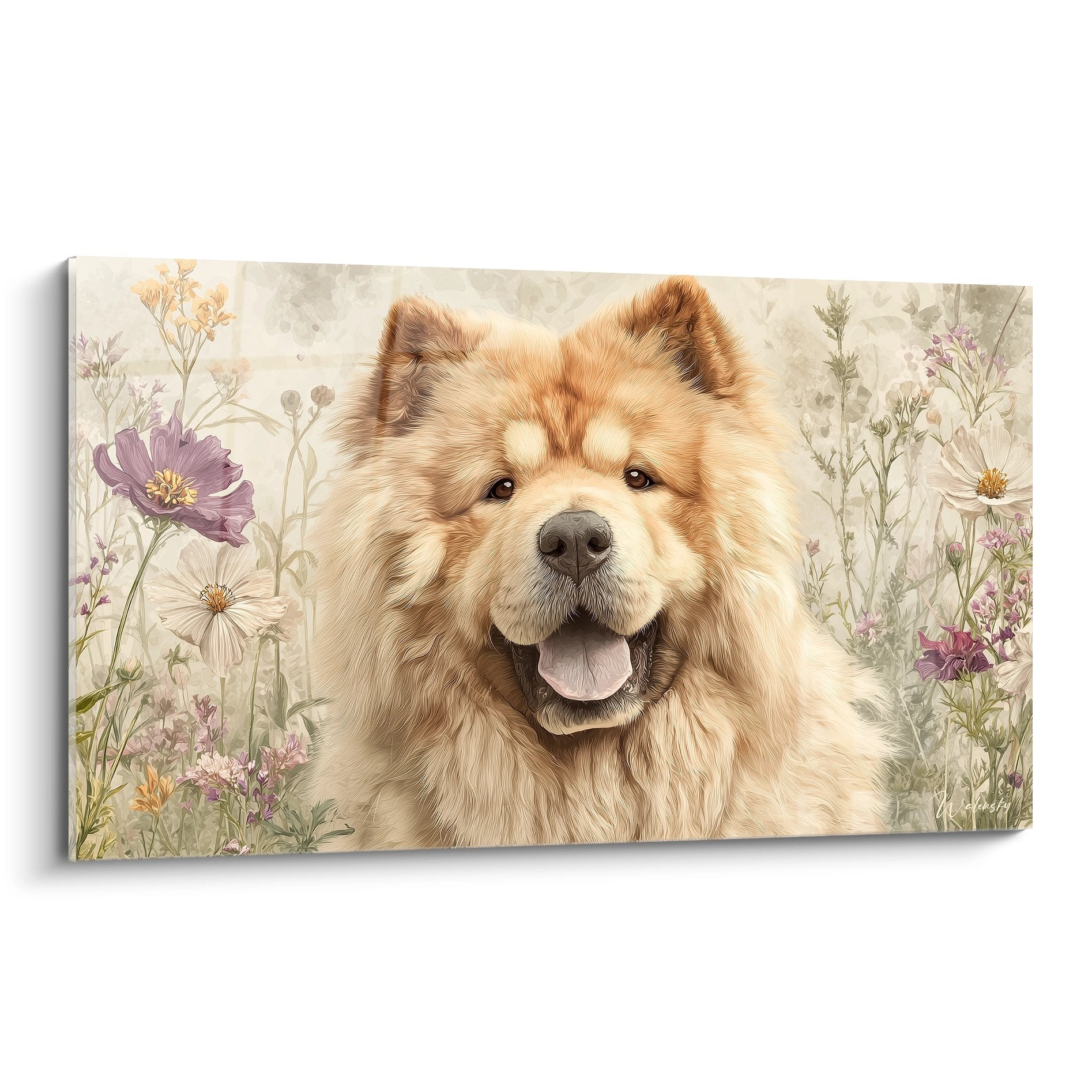 Tableau mural Chow Chow souriant pelage roux dans prairie fleurs violettes cosmos art animalier décoratif