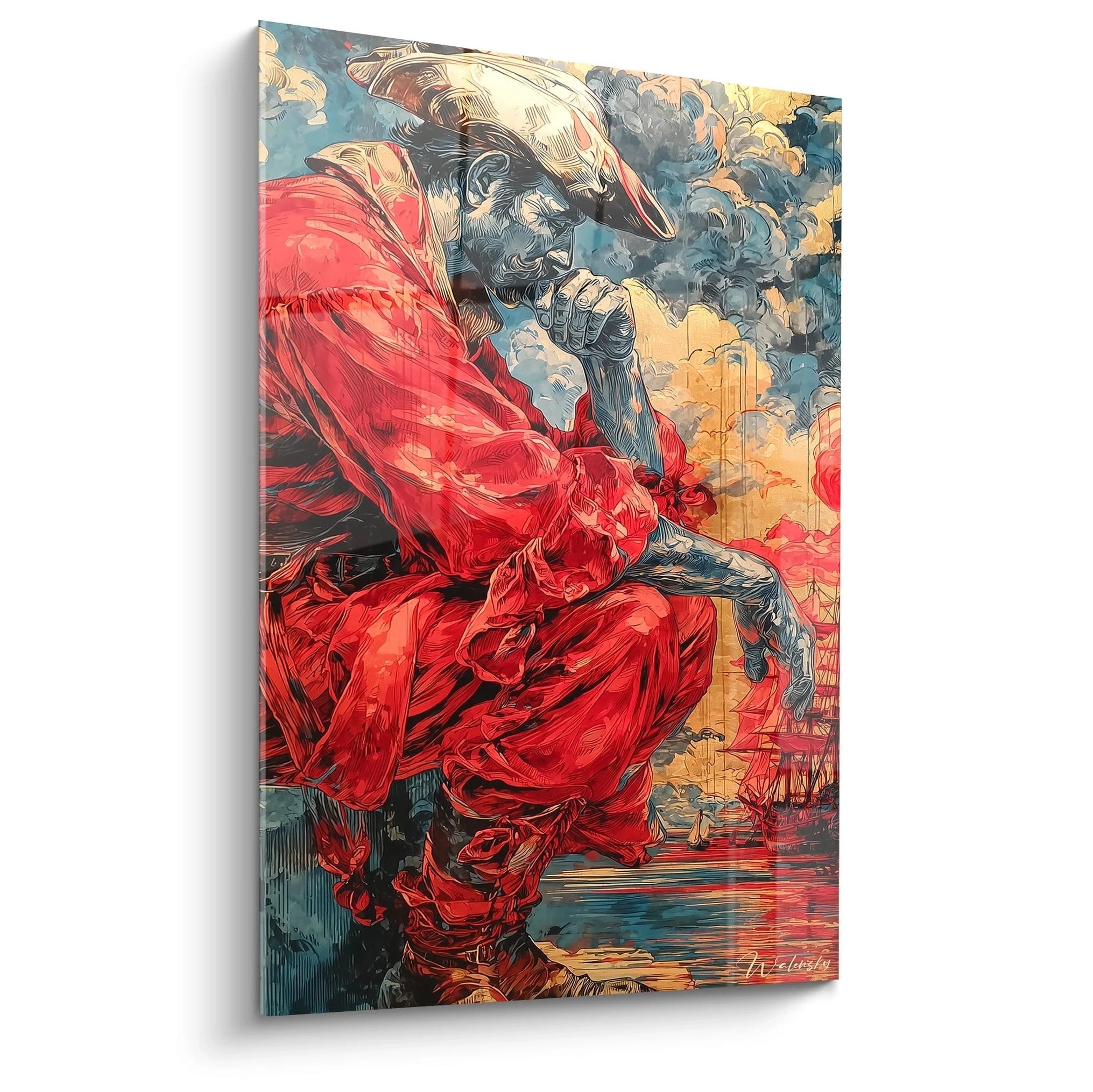 tableau Christophe Colomb mural Walensky montrant un marin pensif en vetement rouge face a navires et nuages