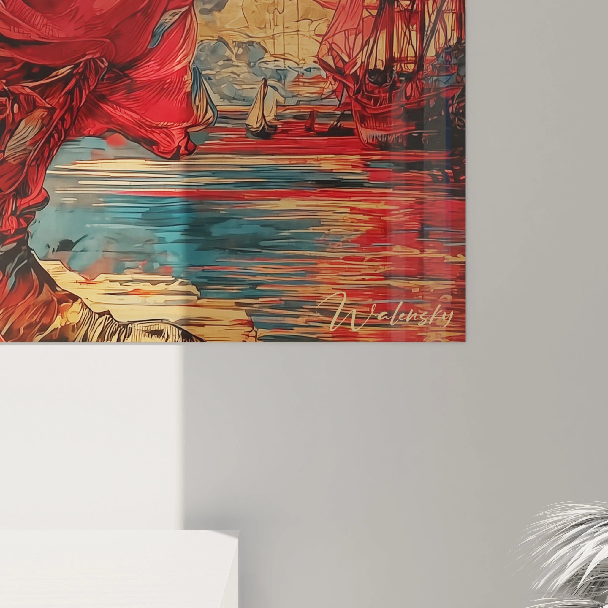Tableau mural Walensky scène maritime stylisée voiles rouges reflets colorés signé Walensky tableau Christophe Colomb
