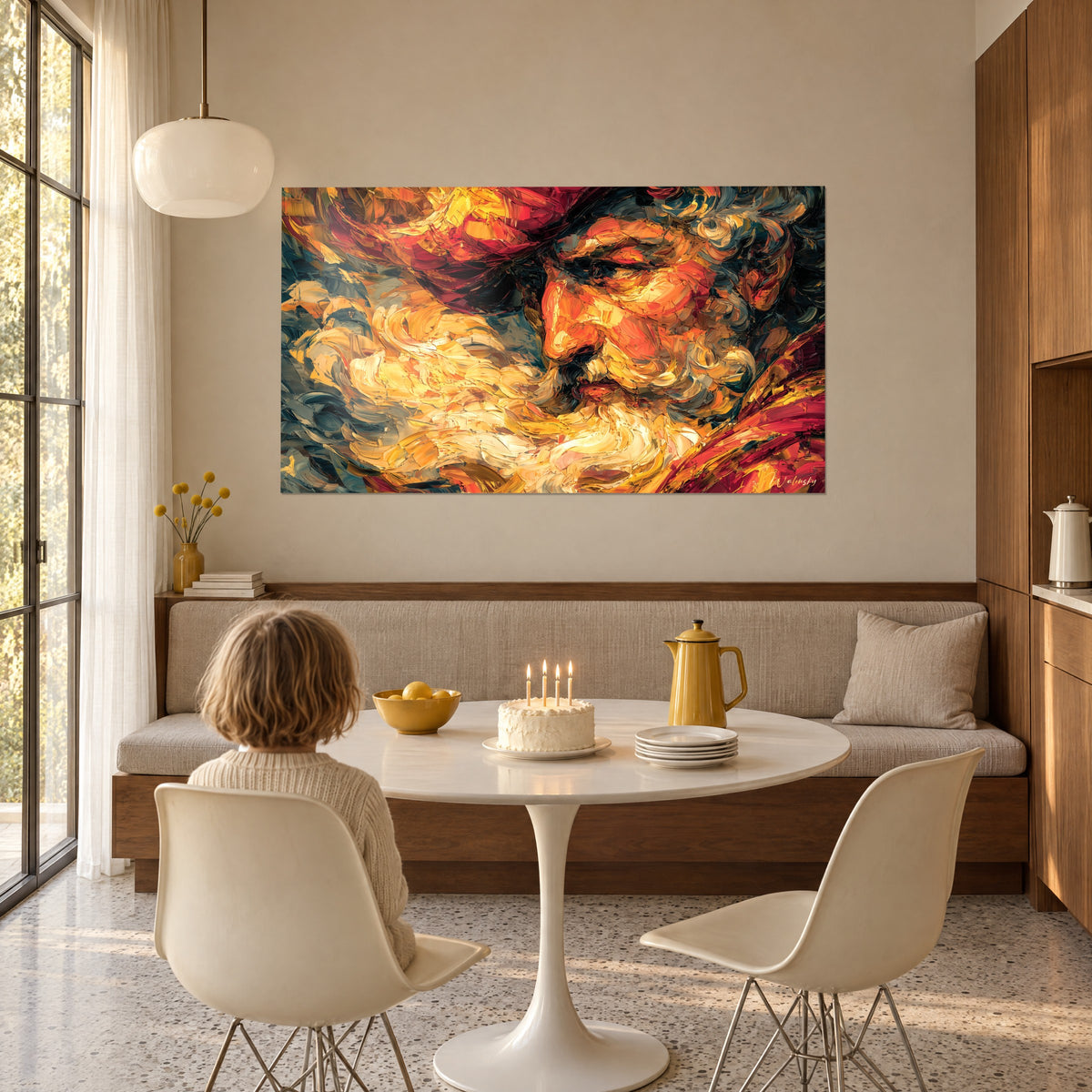 Schilderij profiel van een bebaarde ontdekkingsreiziger, boterkleurige en felrode wervels, hangend aan de beige muur van een eetkamer, verjaardagsthee