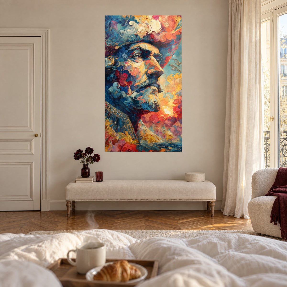 Cuadro de rostro de conquistador con nubes rojas y amarillas, mirada hacia el horizonte, encima de una cama en un dormitorio luminoso