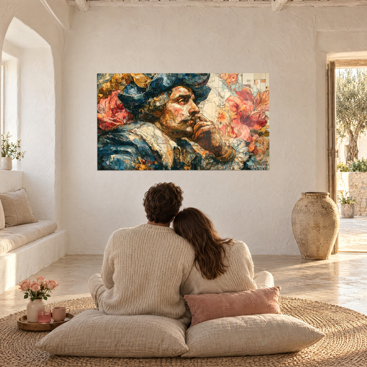 Cuadro de una figura histórica absorta en ensueño, flores rosas vibrantes y azul profundo, pared blanca tras una pareja sobre cojines