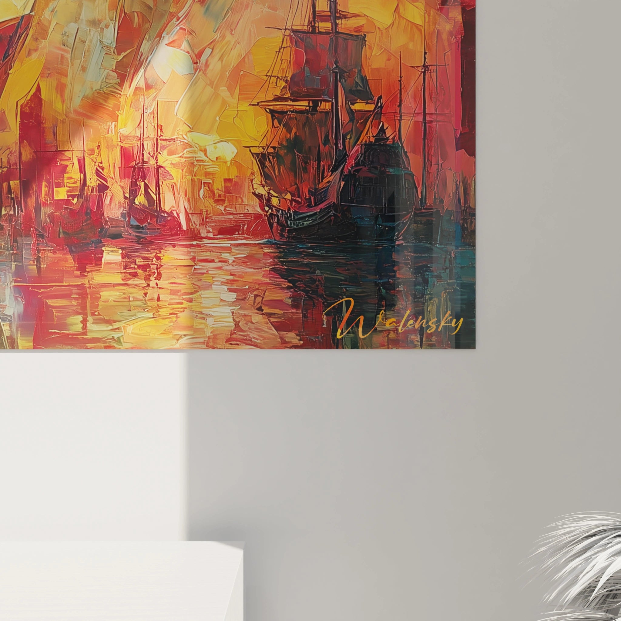 tableau Christophe Colomb Walensky tableau mural peinture de voiliers au coucher de soleil aux tons chauds pour salon