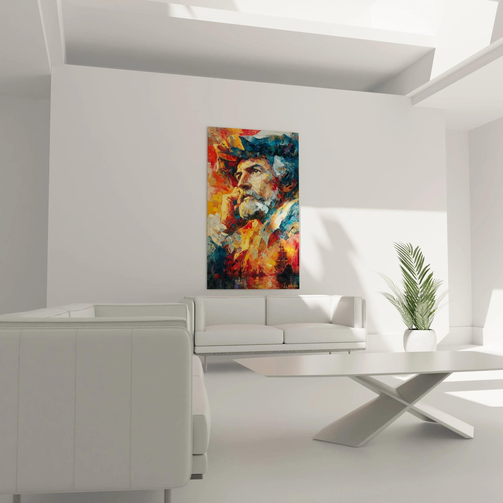Tableau mural Walensky affichant un portrait coloré de marin ancien dans un salon minimaliste tableau Christophe Colomb