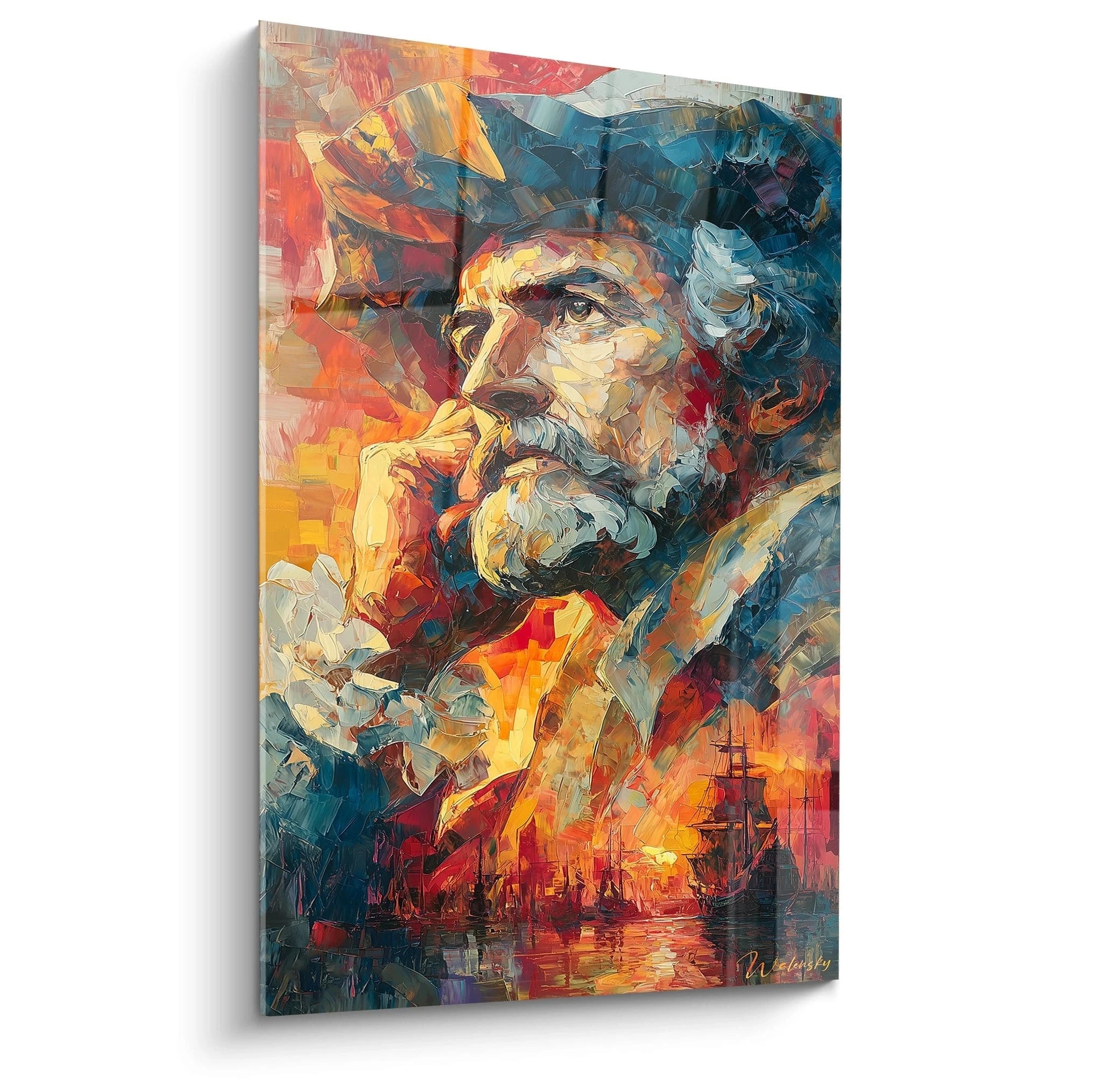 tableau Christophe Colomb Walensky peinture murale couleur vive portrait du navigateur avec bateau