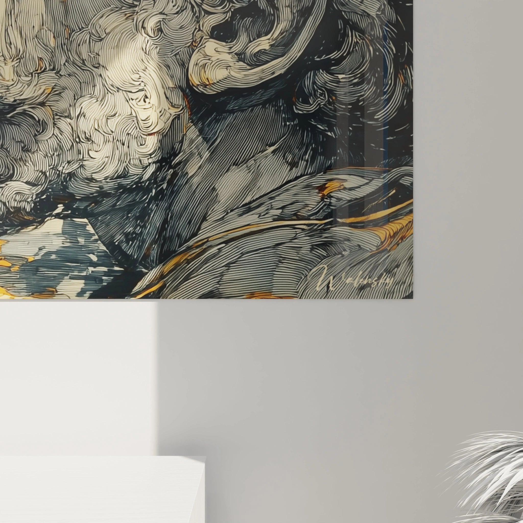 tableau Christophe Colomb mural Walensky illustration lineaire detaillee aux tons bleus et ors