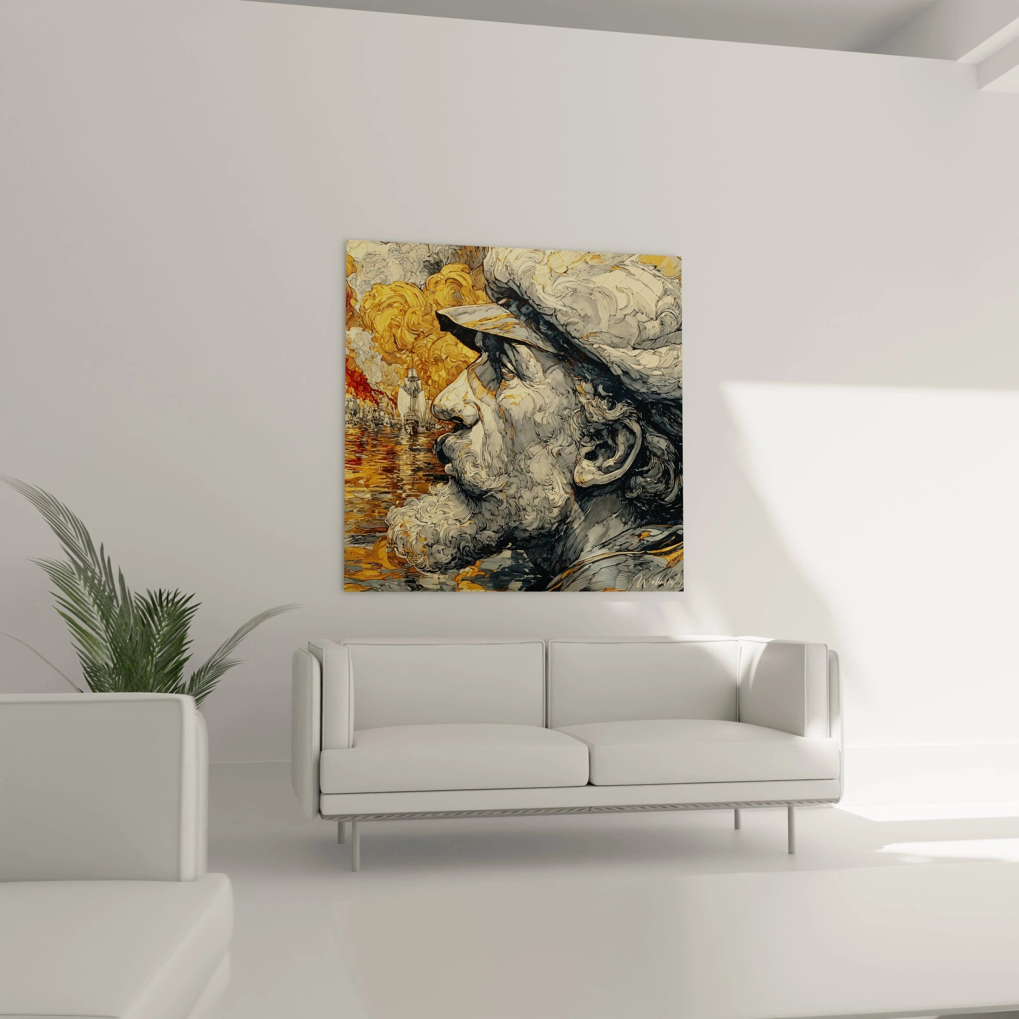 tableau Christophe Colomb Walensky portrait en profil sur toile carrée tons jaunes et ocres dans salon moderne