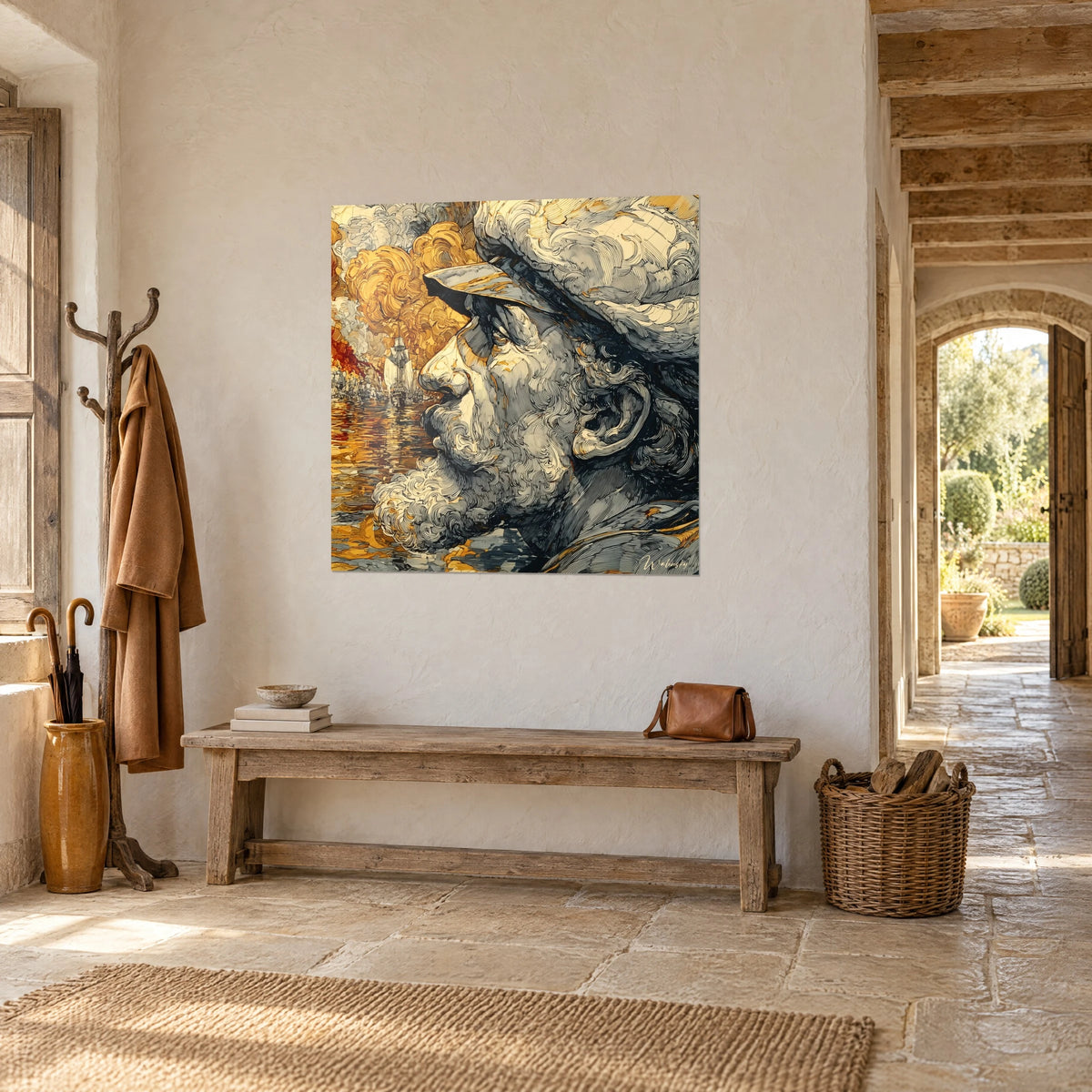 Cuadro retrato de marinero de perfil, boina color crema, barba gris rizada y cielo ocre, en un vestíbulo de piedra
