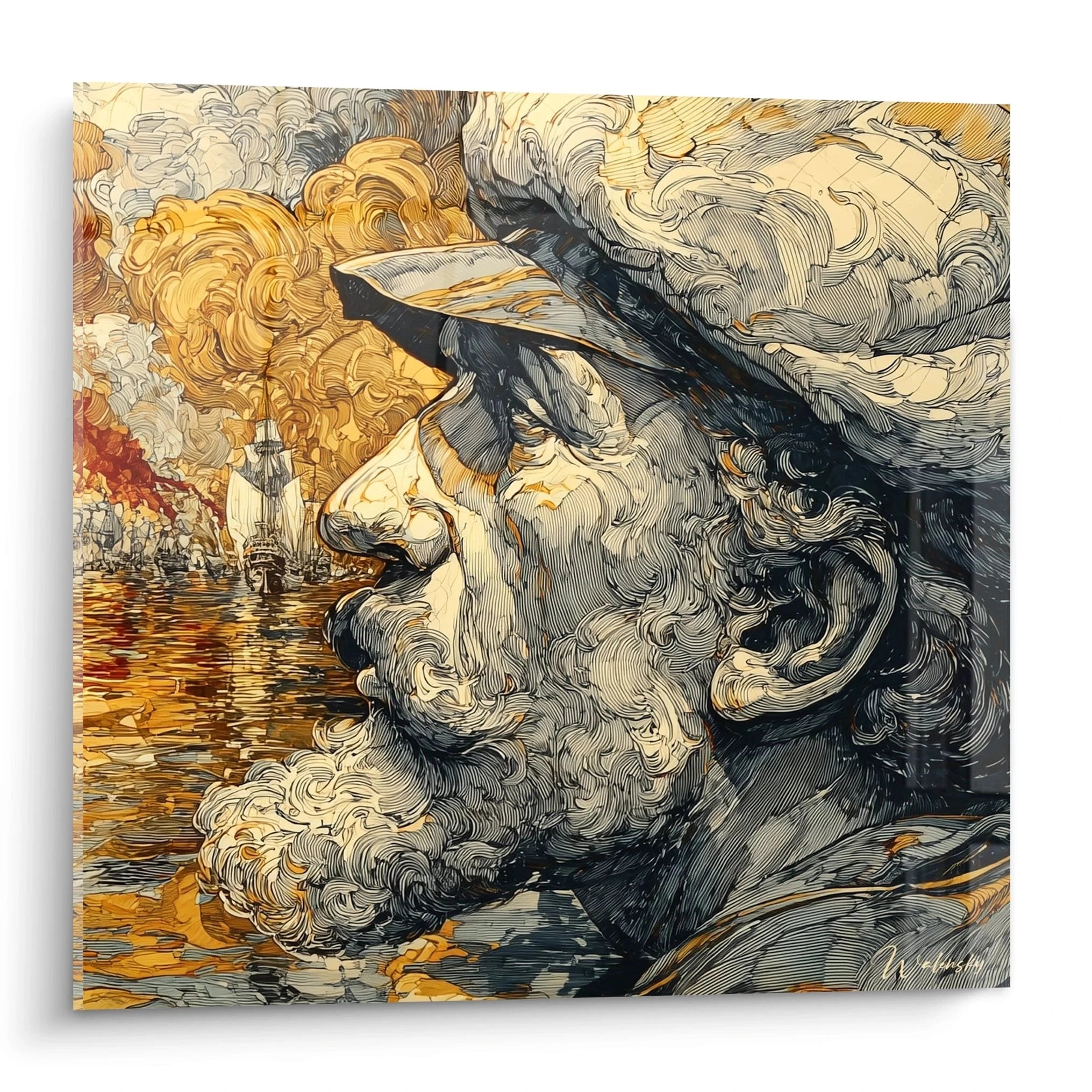tableau Christophe Colomb mural Walensky portrait stylisé de navigateur barbu face à la mer avec voiliers
