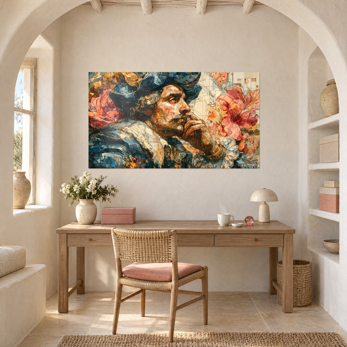 Cuadro de un conquistador meditativo con chaqueta azul acero, corolas anaranjadas y planos de arquitecto beige, escritorio abovedado de cal blanca