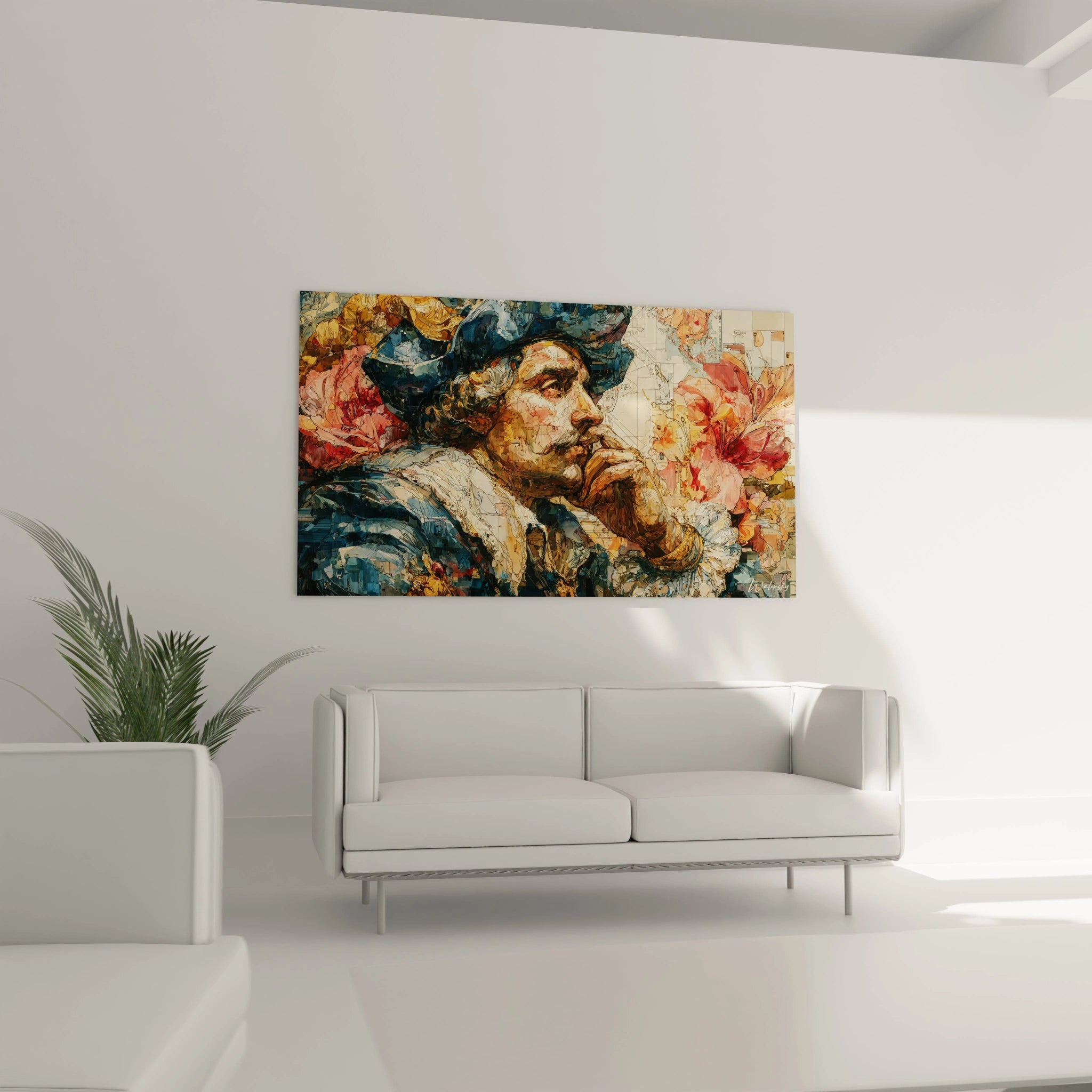 tableau Christophe Colomb mural Walensky portrait coloré contemplatif sur fond floral accroché au dessus du canapé blanc