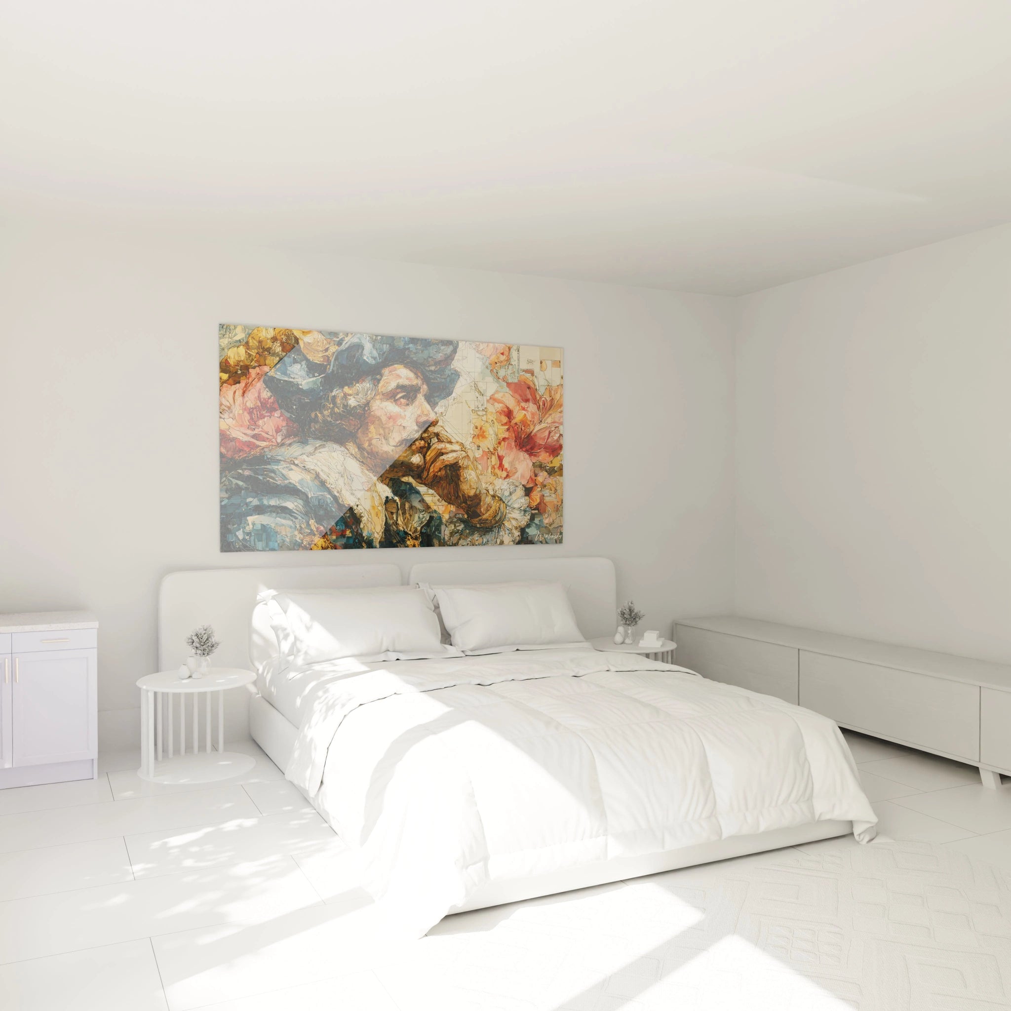 Chambre minimaliste blanche avec lit double, tableau Christophe Colomb mural coloré au dessus du lit