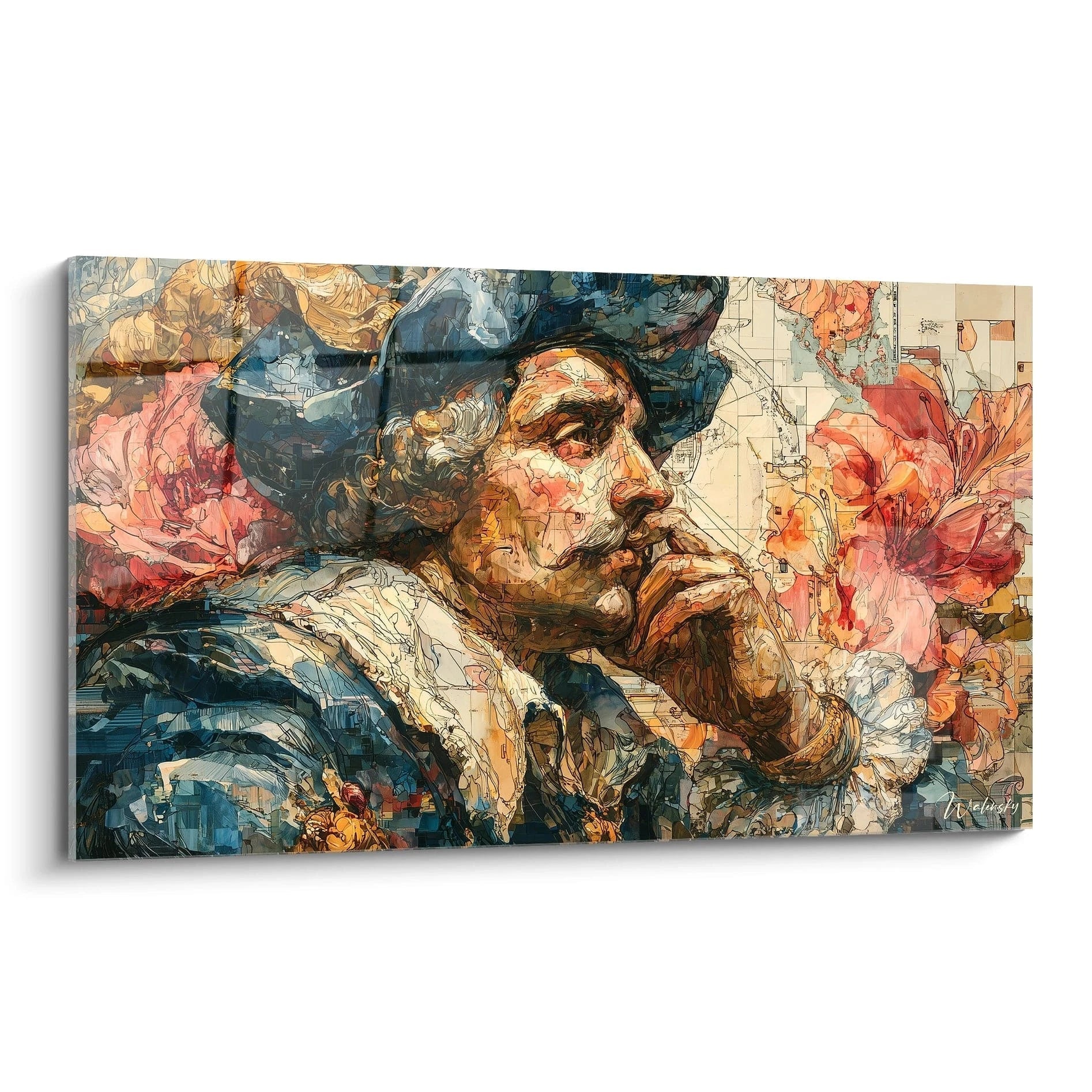 tableau Christophe Colomb mural Walensky portrait stylise en bleu avec touches florales et pose songeuse