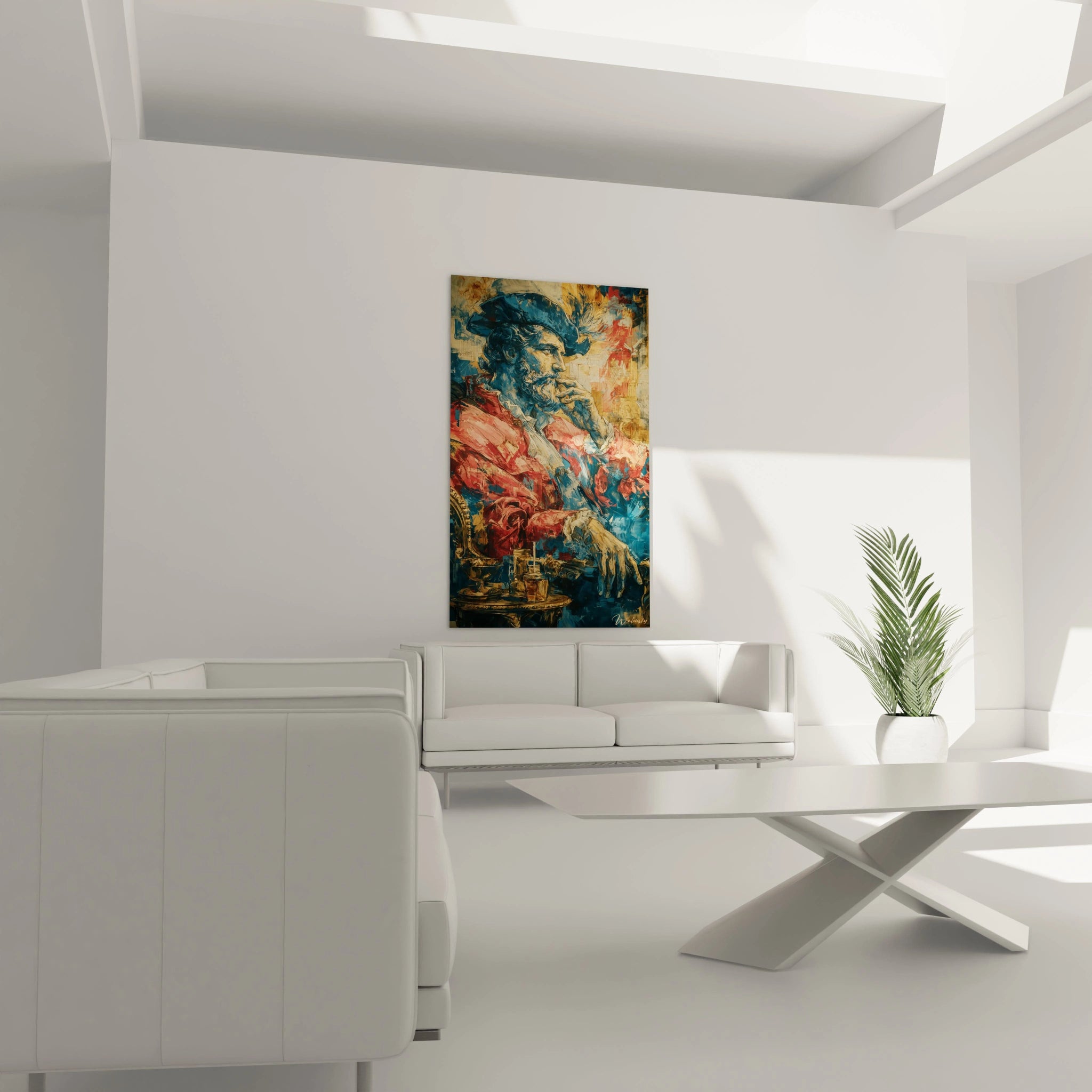 tableau Christophe Colomb Walensky peinture murale coloree style abstrait portrait historique dans salon moderne