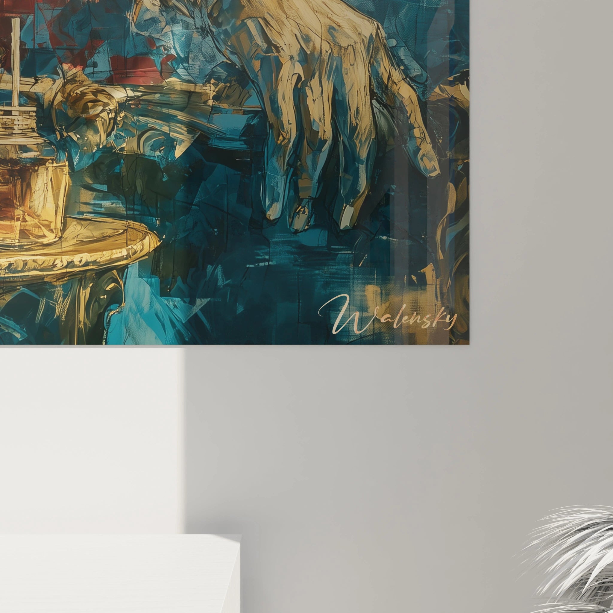 tableau Christophe Colomb par Walensky peinture murale abstraite main dorée bleu pour décor moderne