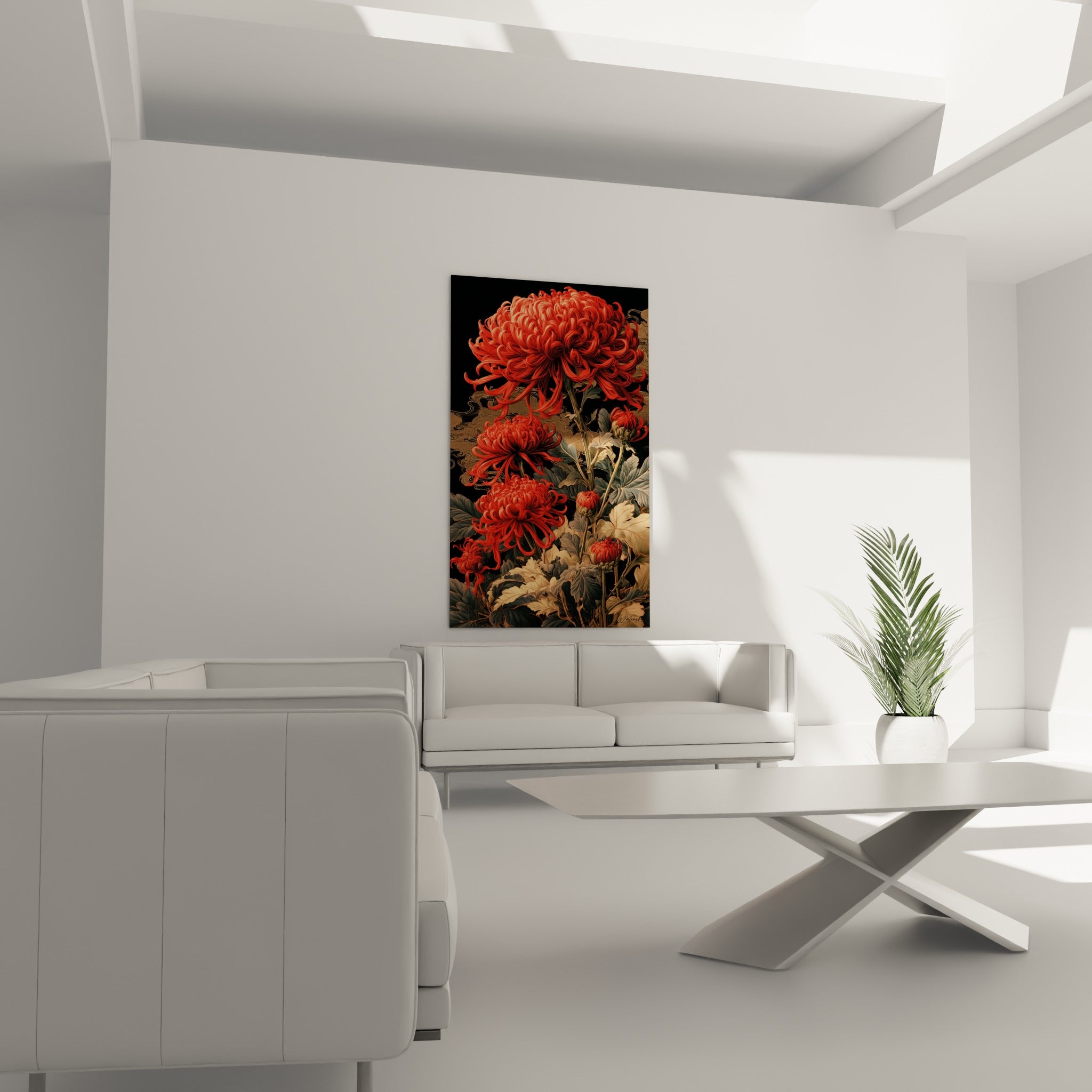 Corolles rouges de chrysanthème sur fond anthracite au-dessus d'un canapé dans un salon lumineux