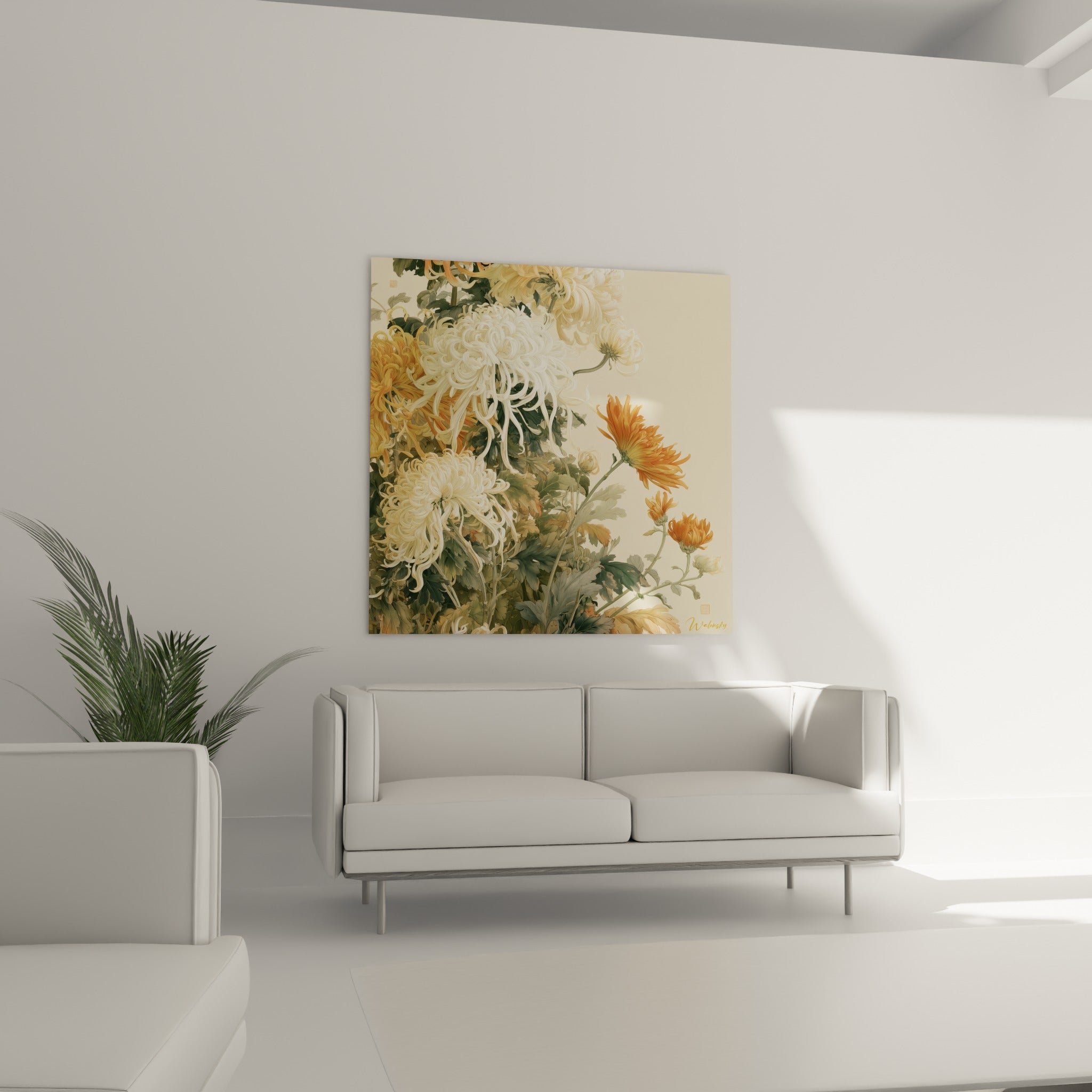Fleurs de chrysanthème ivoire et terracotta délicatement peintes au-dessus d'un canapé dans un salon lumineux