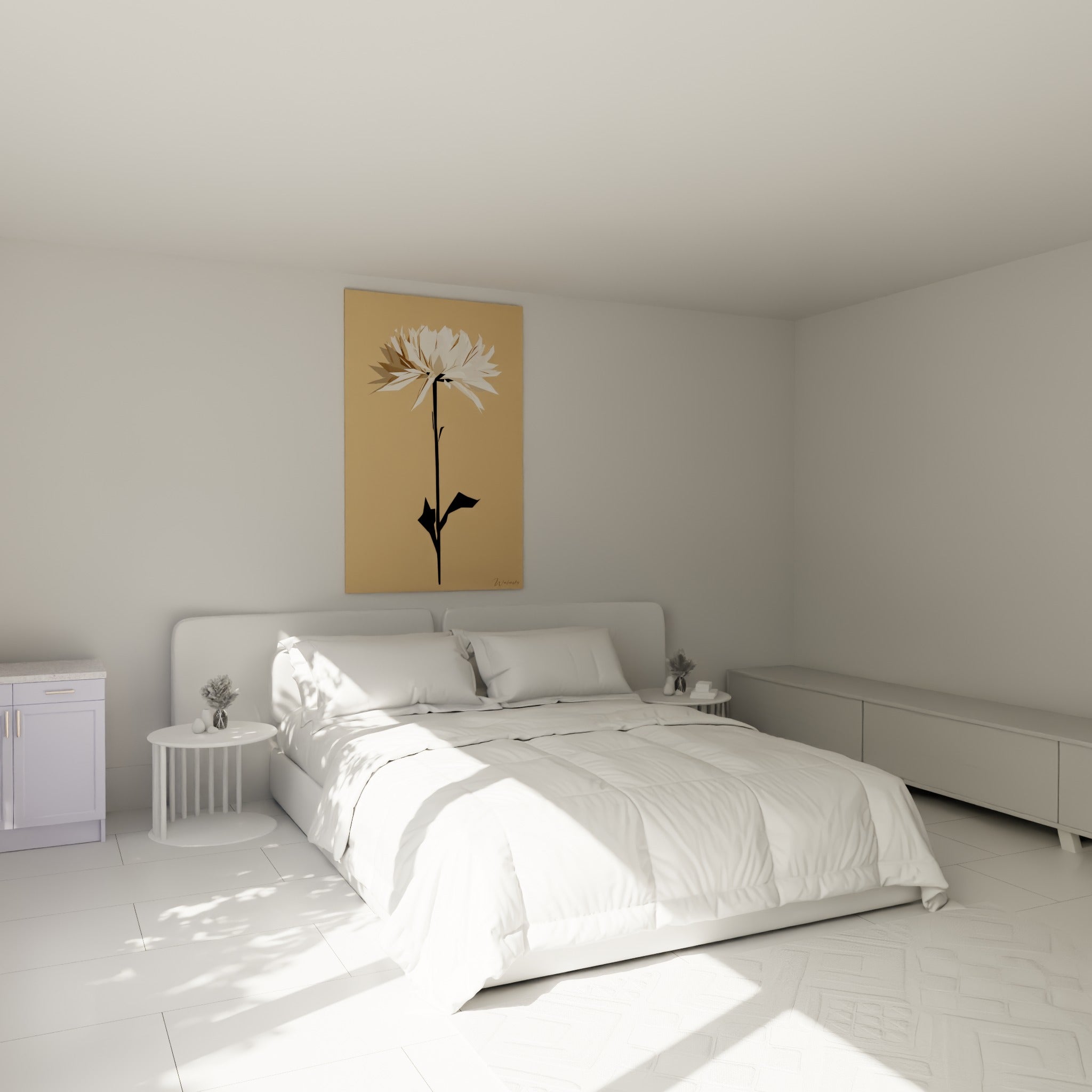 Fleur de chrysanthème blanche et noire au-dessus d'un lit dans une chambre claire