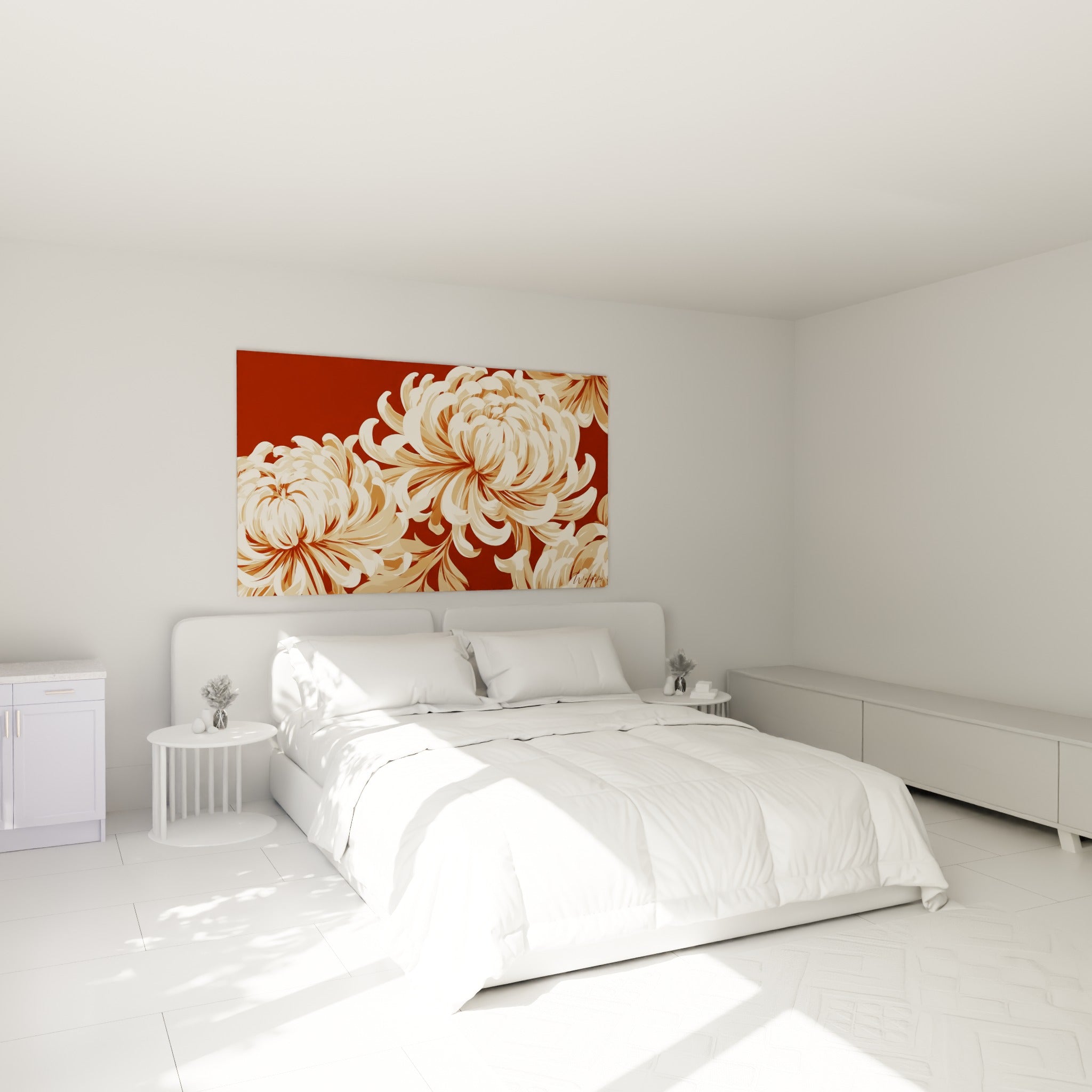 Fleurs de chrysanthème beige et terracotta accrochées au-dessus d'un lit dans une chambre claire