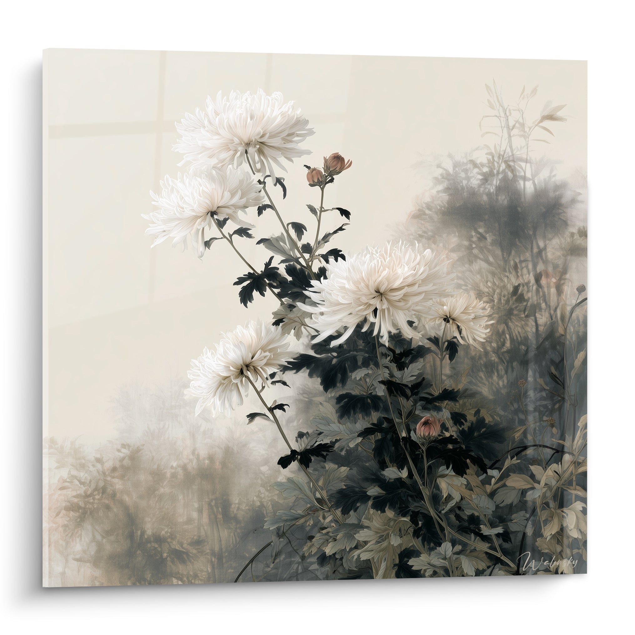 Chrysanthèmes blancs aux feuilles anthracite se déployant sur fond beige brumeux et vaporeux