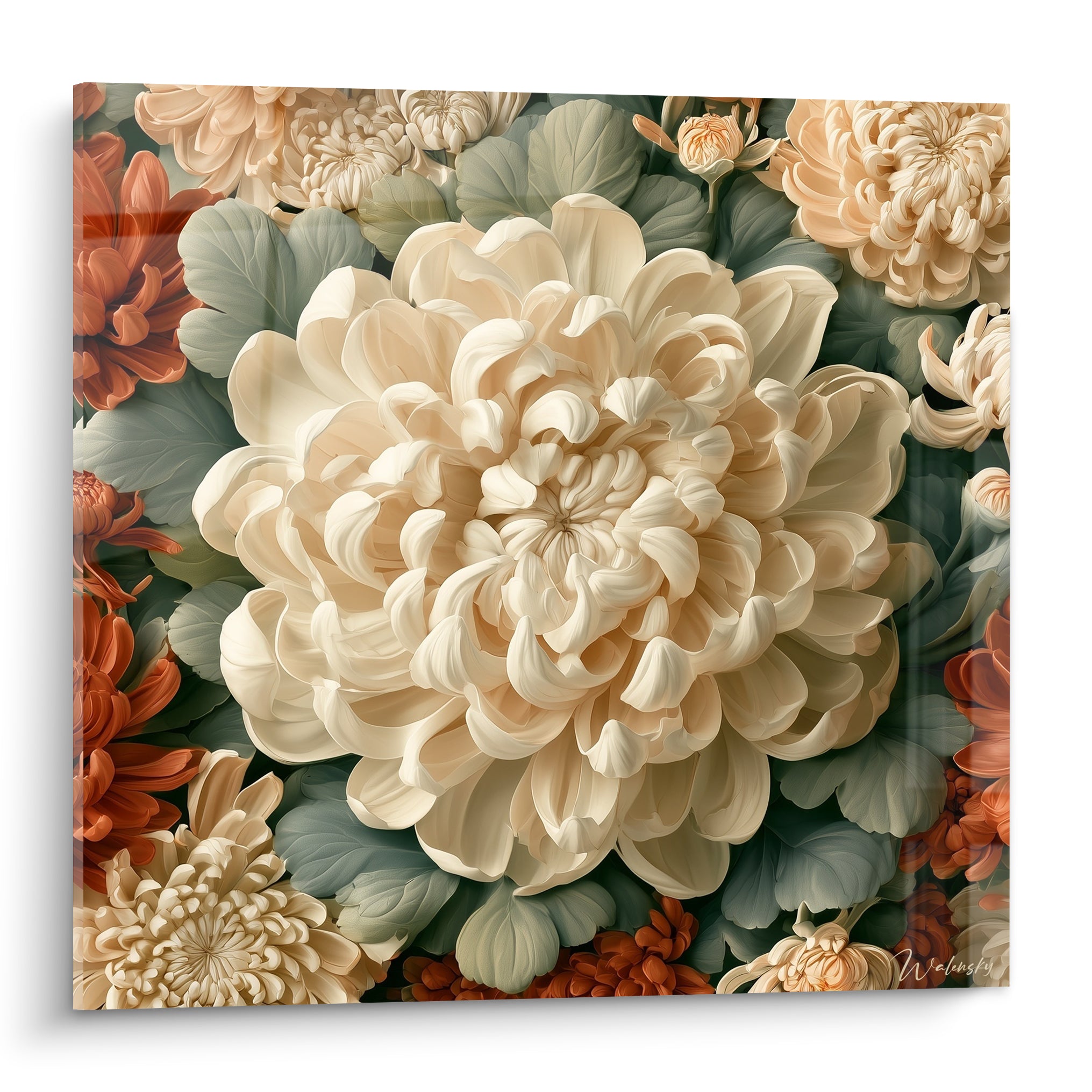 Chrysanthème blanc crème et terracotta aux pétales enroulés sur feuillage vert sauge dense