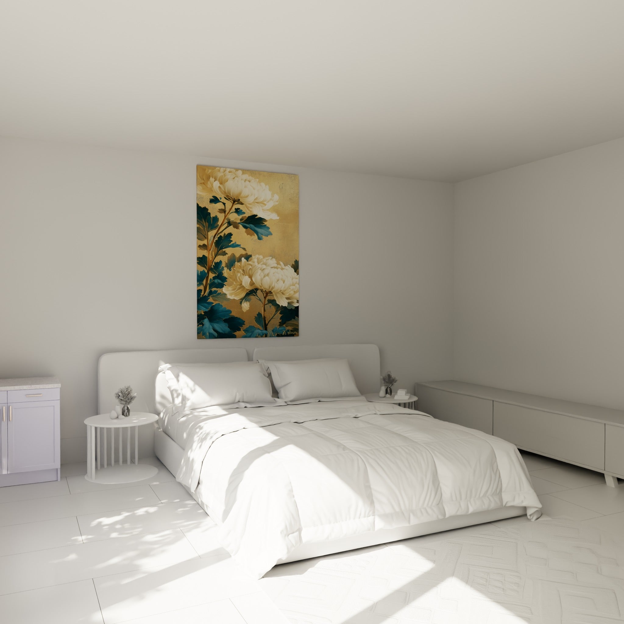 Fleurs de chrysanthème blanc et doré déployées au-dessus d'un lit dans une chambre claire