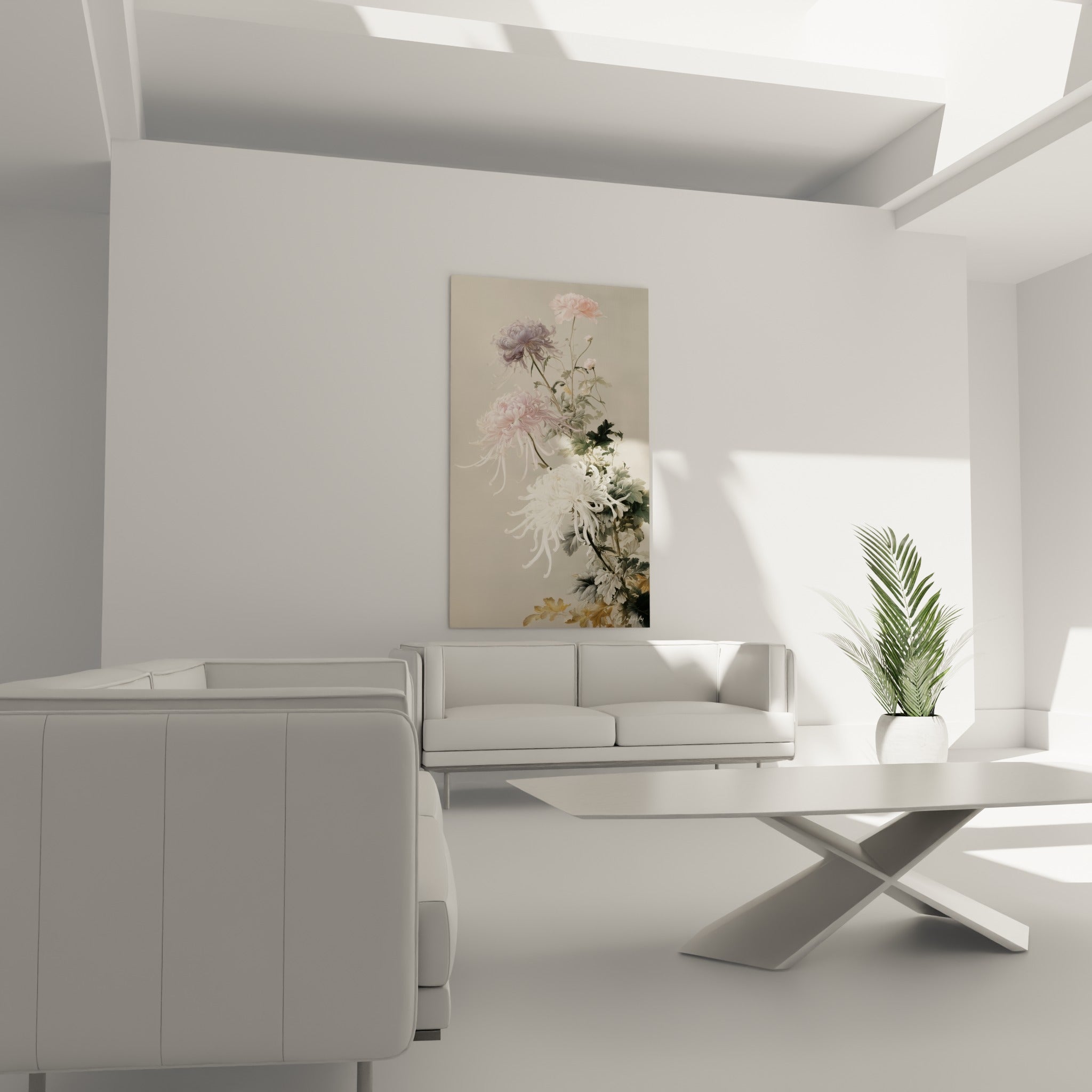 Chrysanthème blanc aux longs pétales et fleur mauve compacte, disposé au-dessus d'un canapé dans un salon lumineux