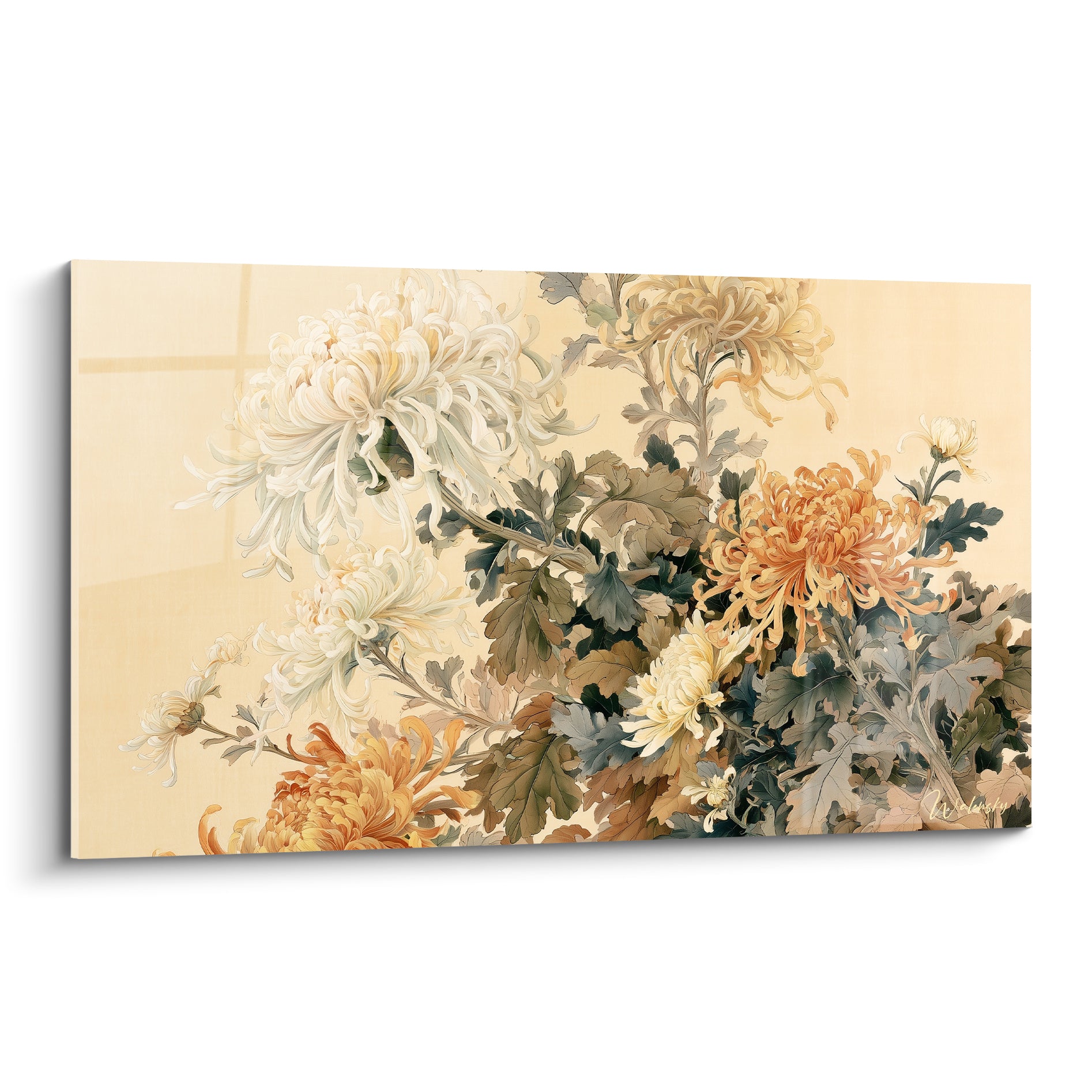 Chrysanthème blanc et orangé aux pétales effilés sur fond beige, style aquarelle délicat