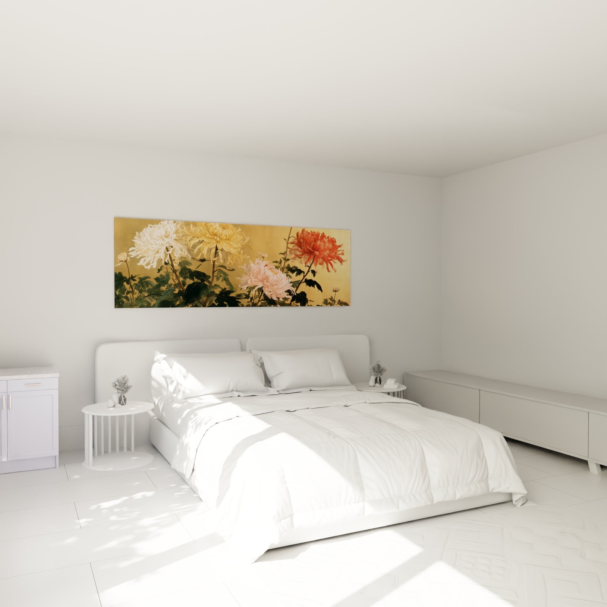 Fleurs de chrysanthème corail et blanc crème, tableau accroché au-dessus d'un lit dans une chambre claire