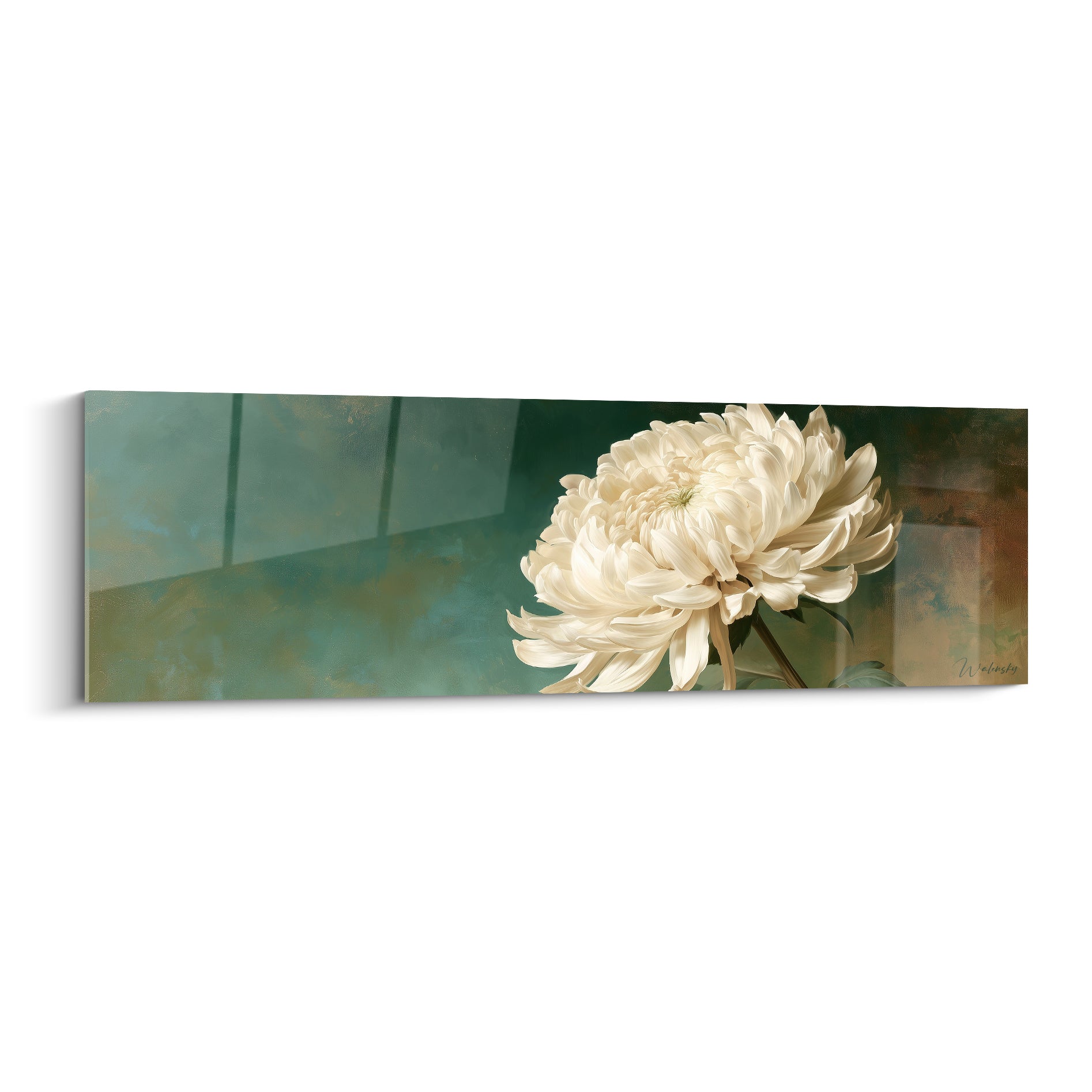 Chrysanthème blanc épanoui sur fond vert sauge et ocre, traitement pictural en aquarelle raffinée