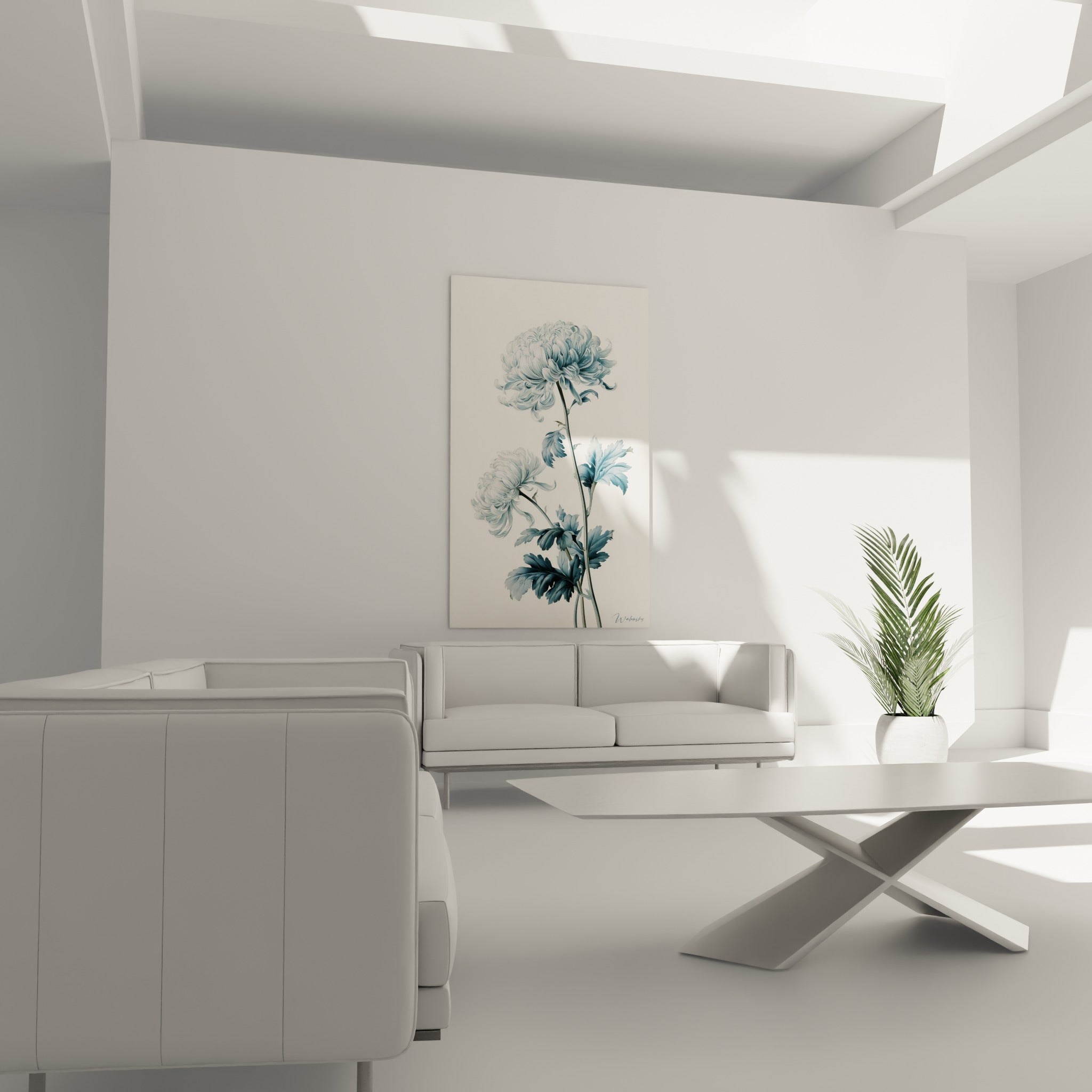 Chrysanthème ivoire et bleu pastel déployé au-dessus d'un canapé dans un salon lumineux
