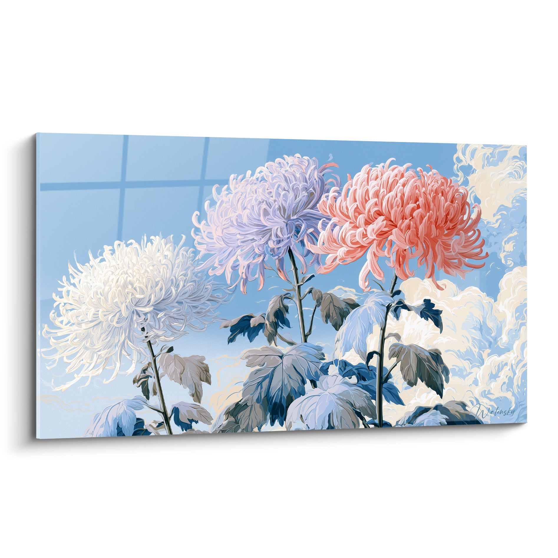 Chrysanthèmes blanc, mauve et corail déployés sur un fond de ciel bleu et nuages