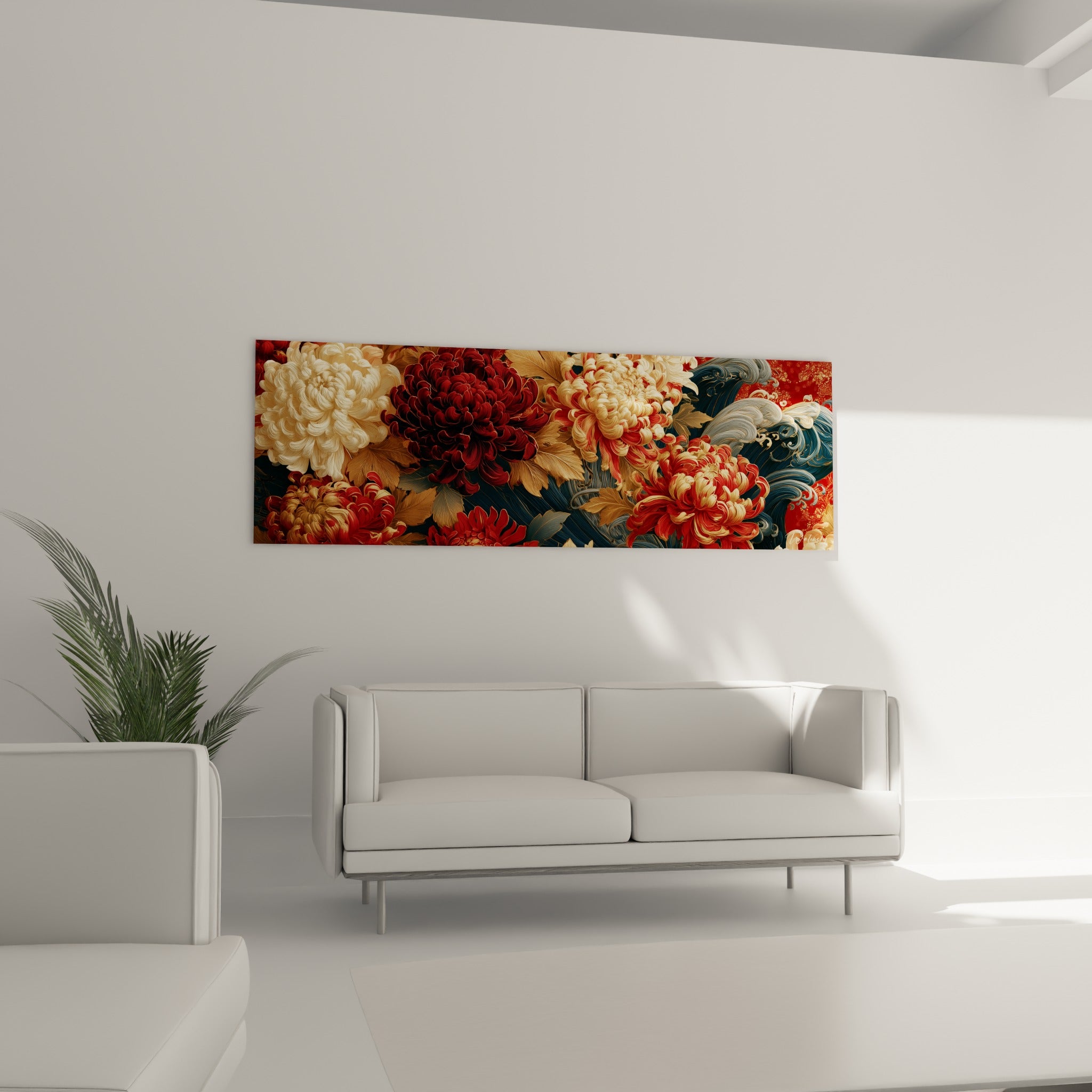 Fleurs de chrysanthème dorées et bordeaux en pleine floraison, au-dessus d'un canapé dans un salon lumineux