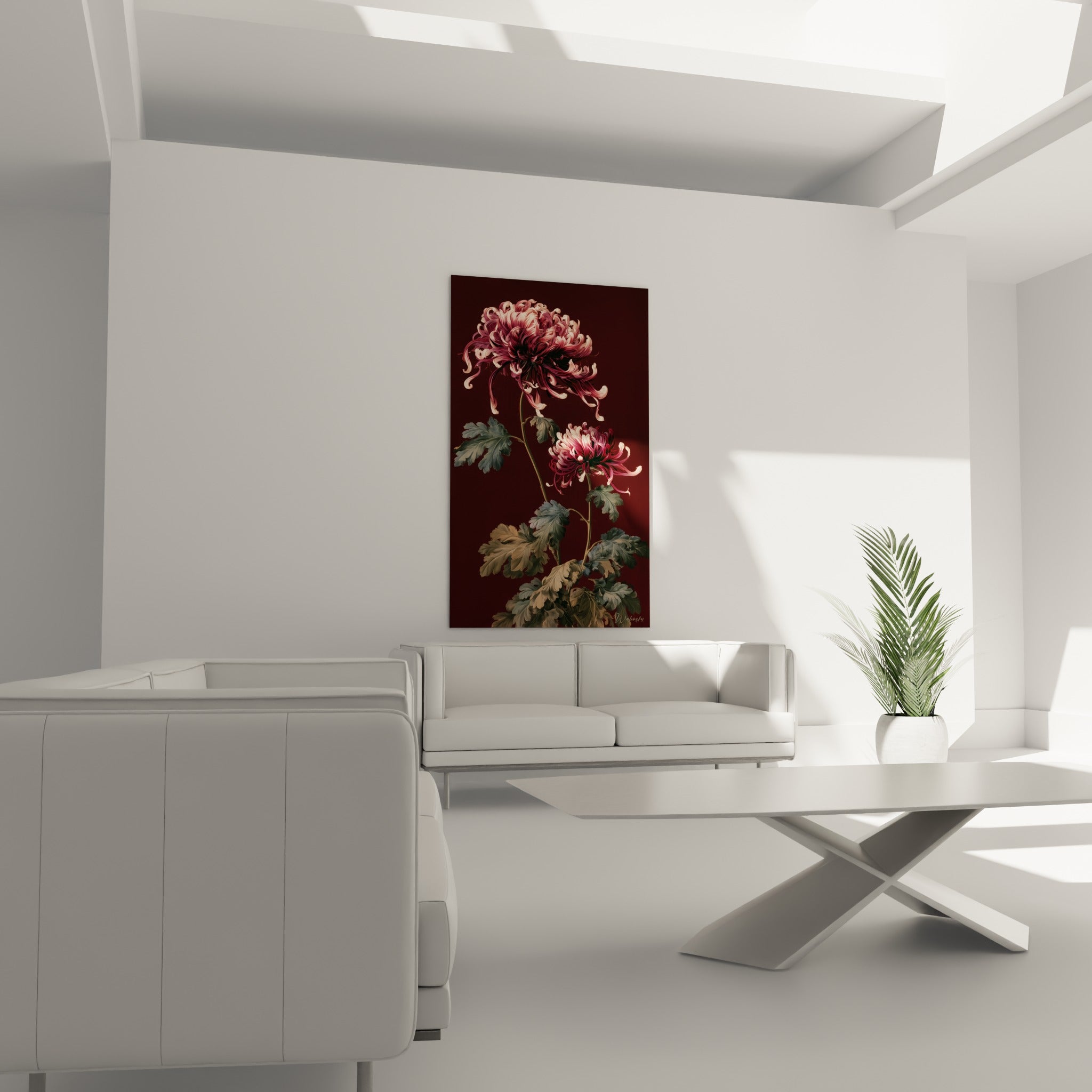 Pétales de chrysanthème rose poudré au-dessus d'un canapé dans un salon lumineux