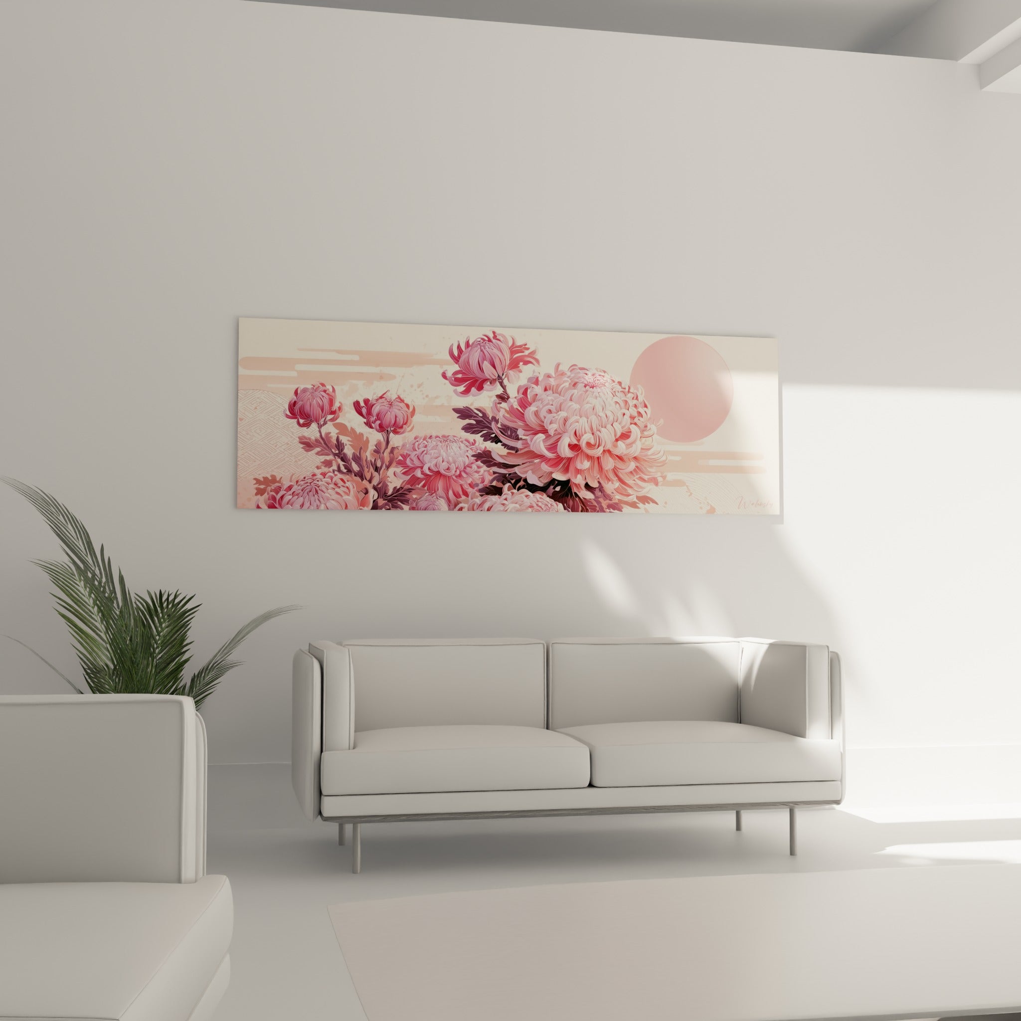Bouquet de chrysanthèmes roses et bordeaux sous une lune pâle, au-dessus d'un canapé dans un salon lumineux