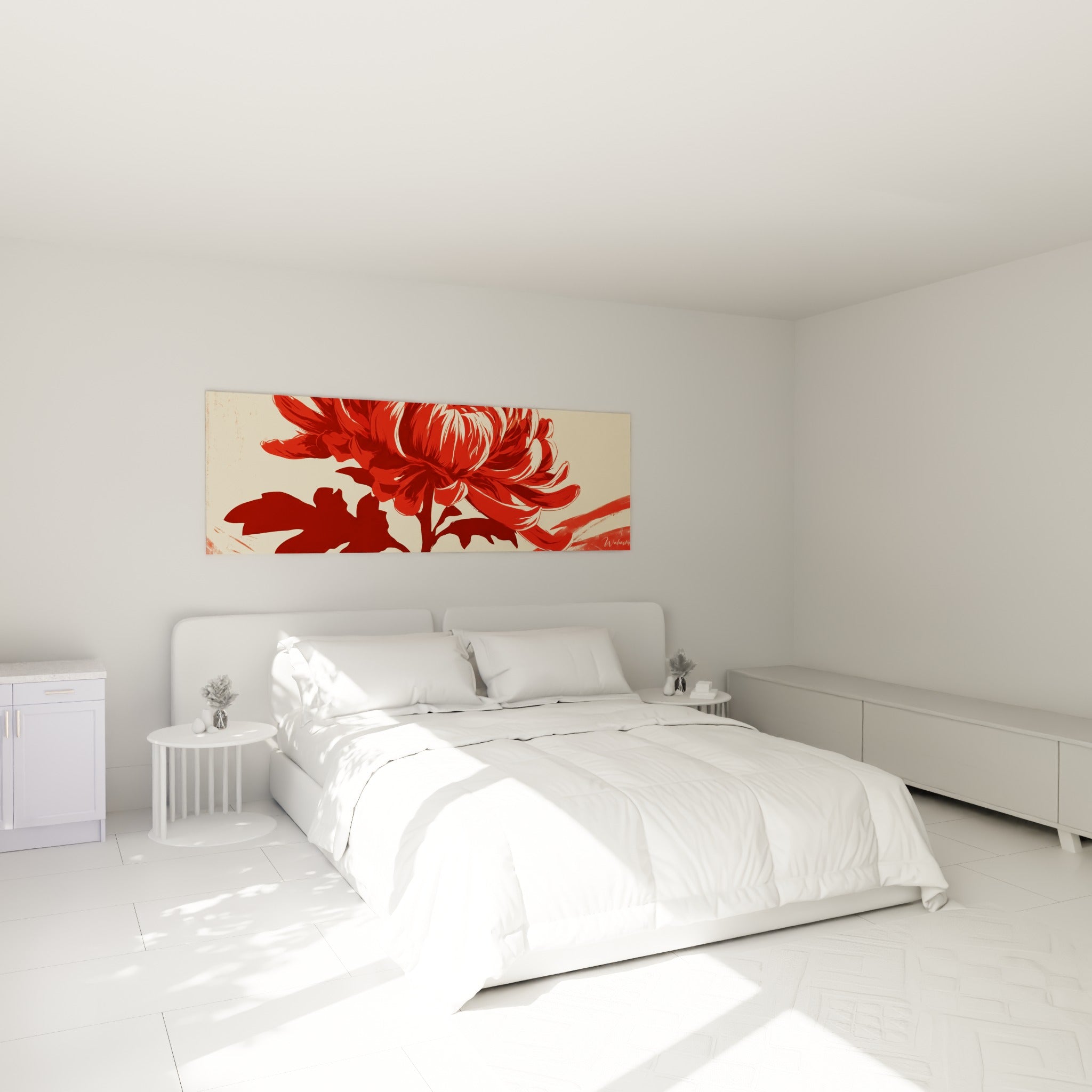 Fleur de chrysanthème rouge et bordeaux au-dessus d'un lit dans une chambre claire