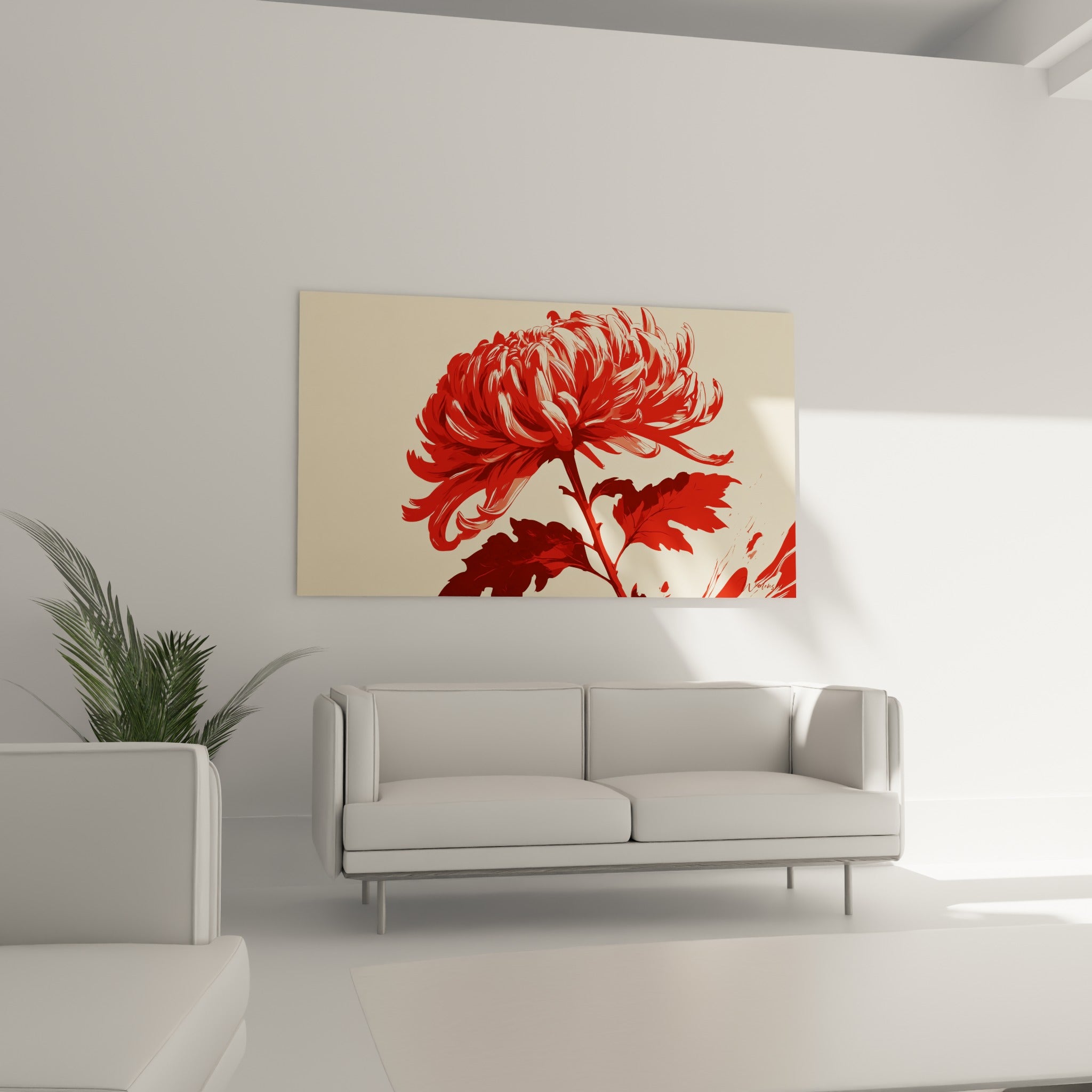 Pétales rouges et fond ivoire d'un chrysanthème peint au-dessus d'un canapé dans un salon lumineux